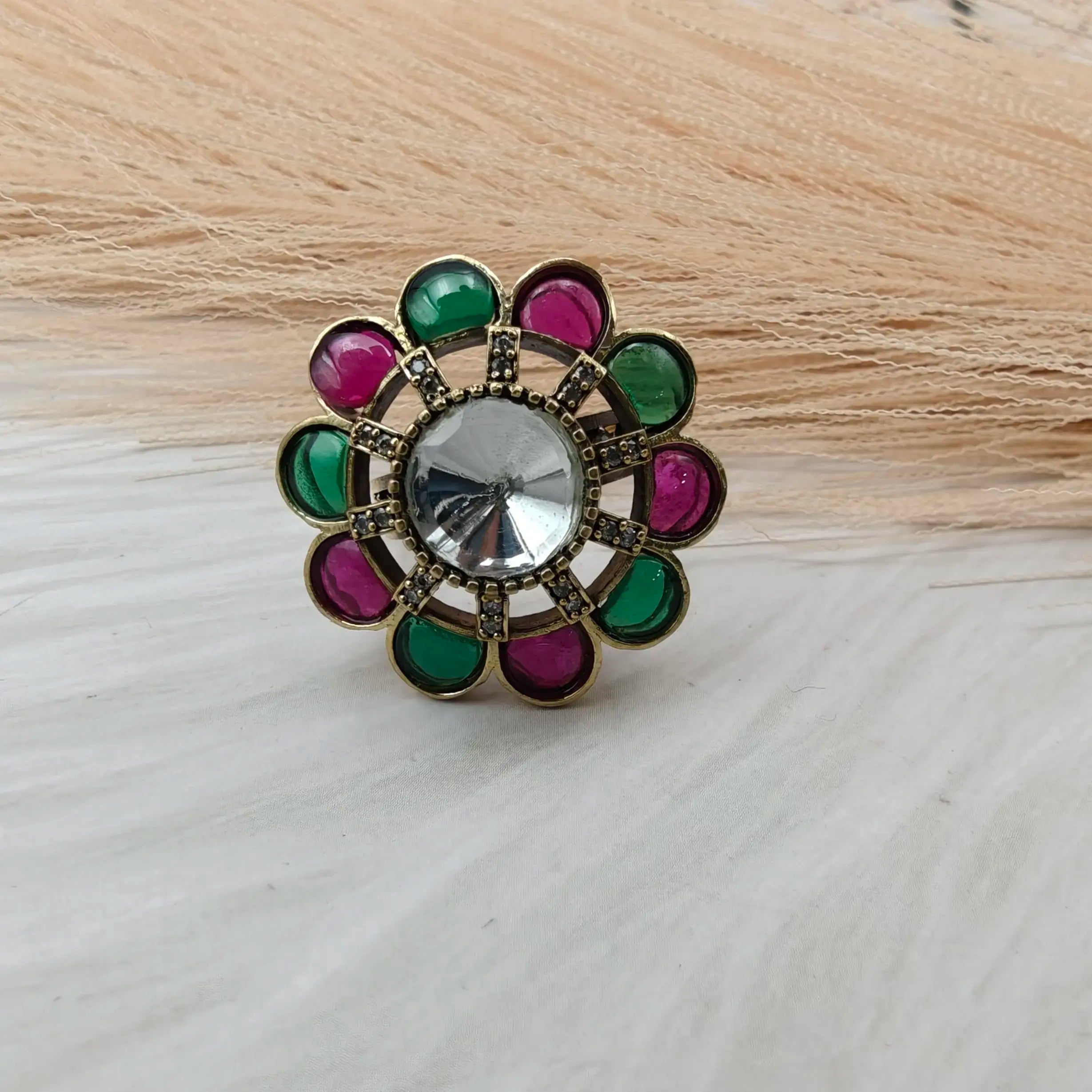 Aashka Takker Stone Ring- Ruby n Green
