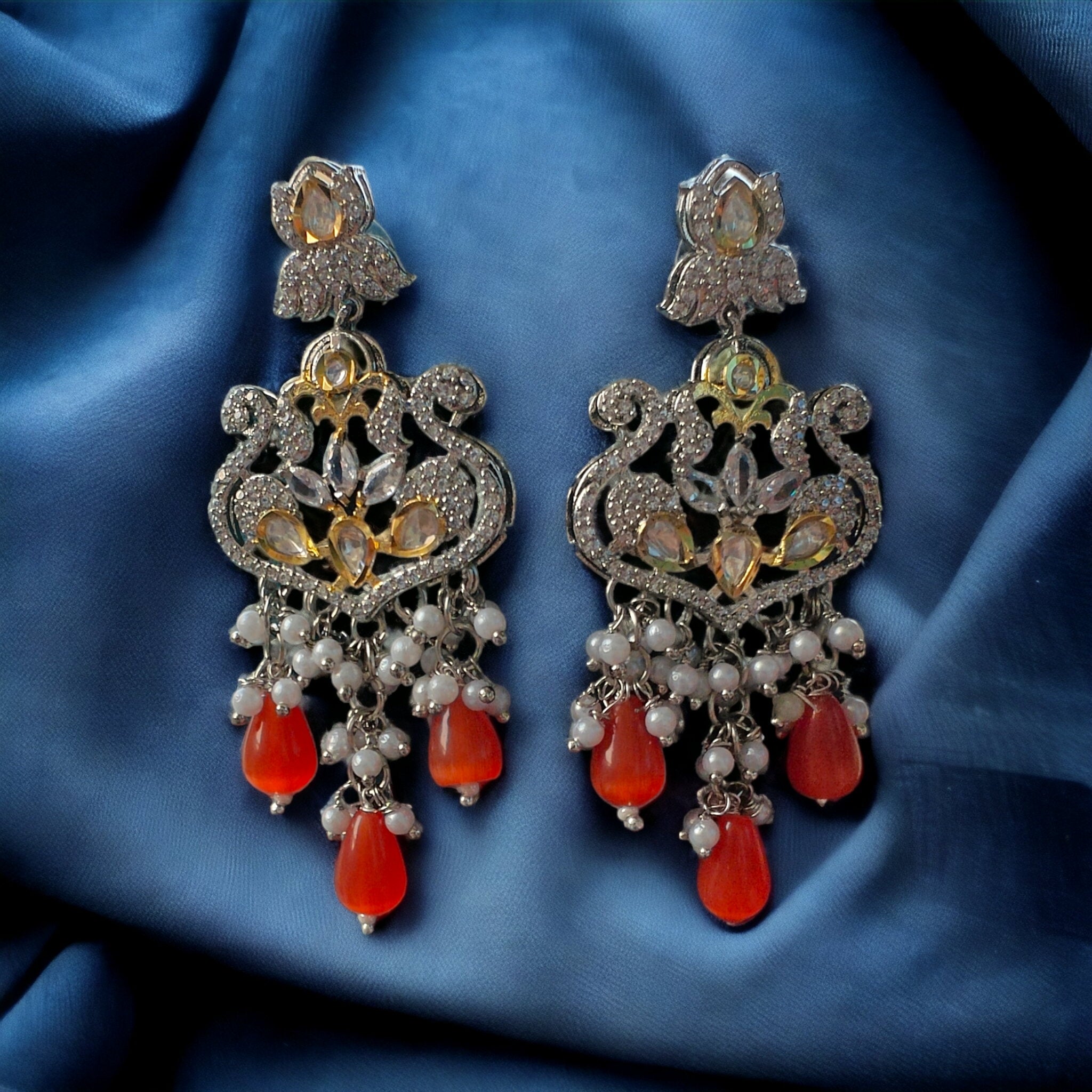 Polki AD Earrings With Monalisa- Orange