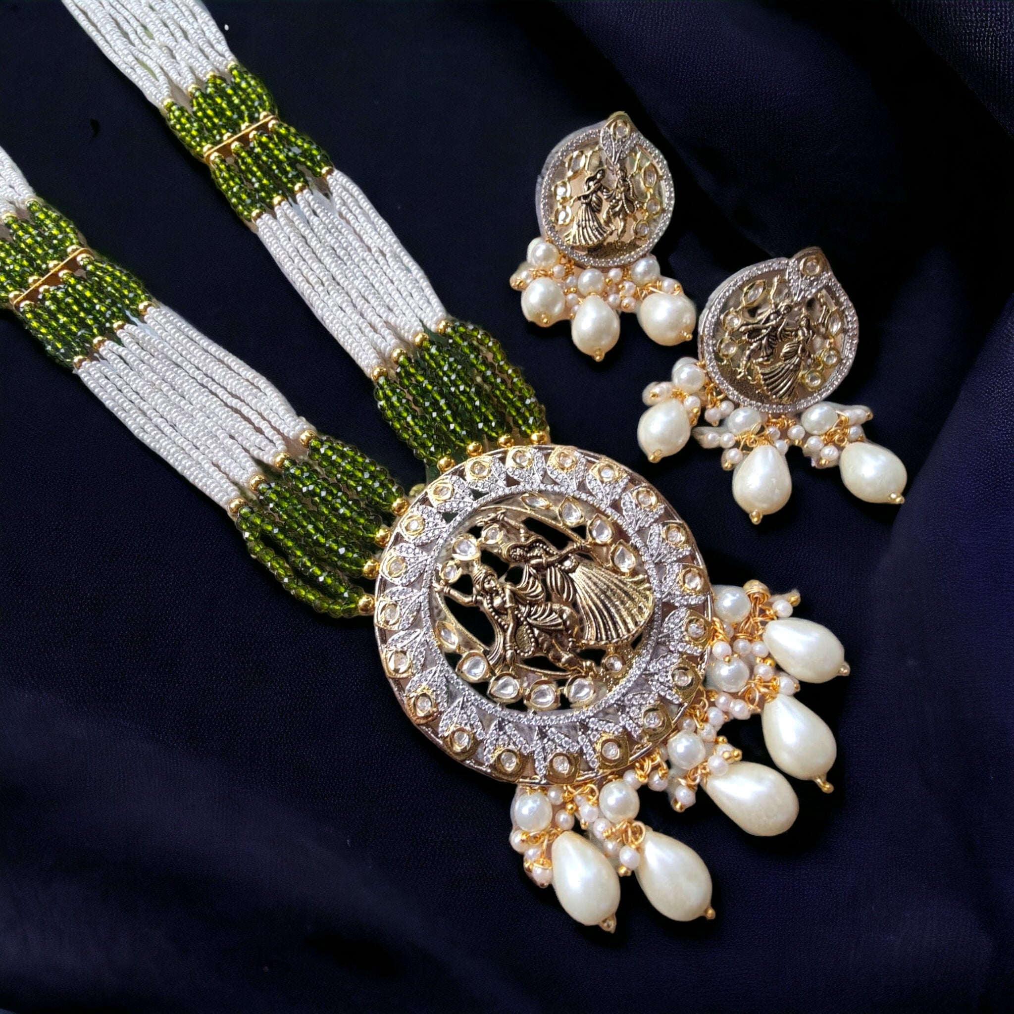 Radha Krishan AD Long Necklace- Mehendi Green