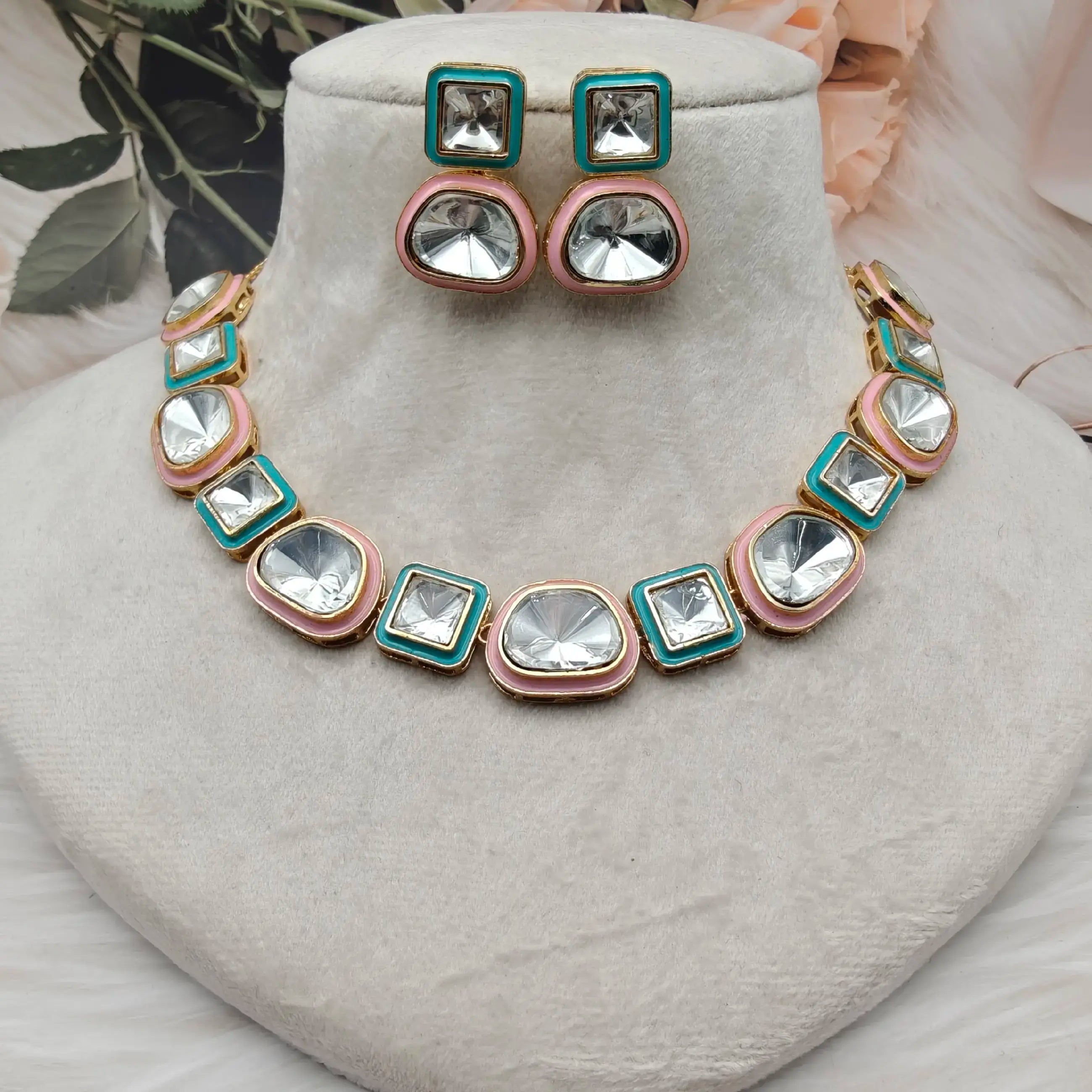 Khushboo Polki Kundan And Meenakari Necklace Set - Pink And Teal Green