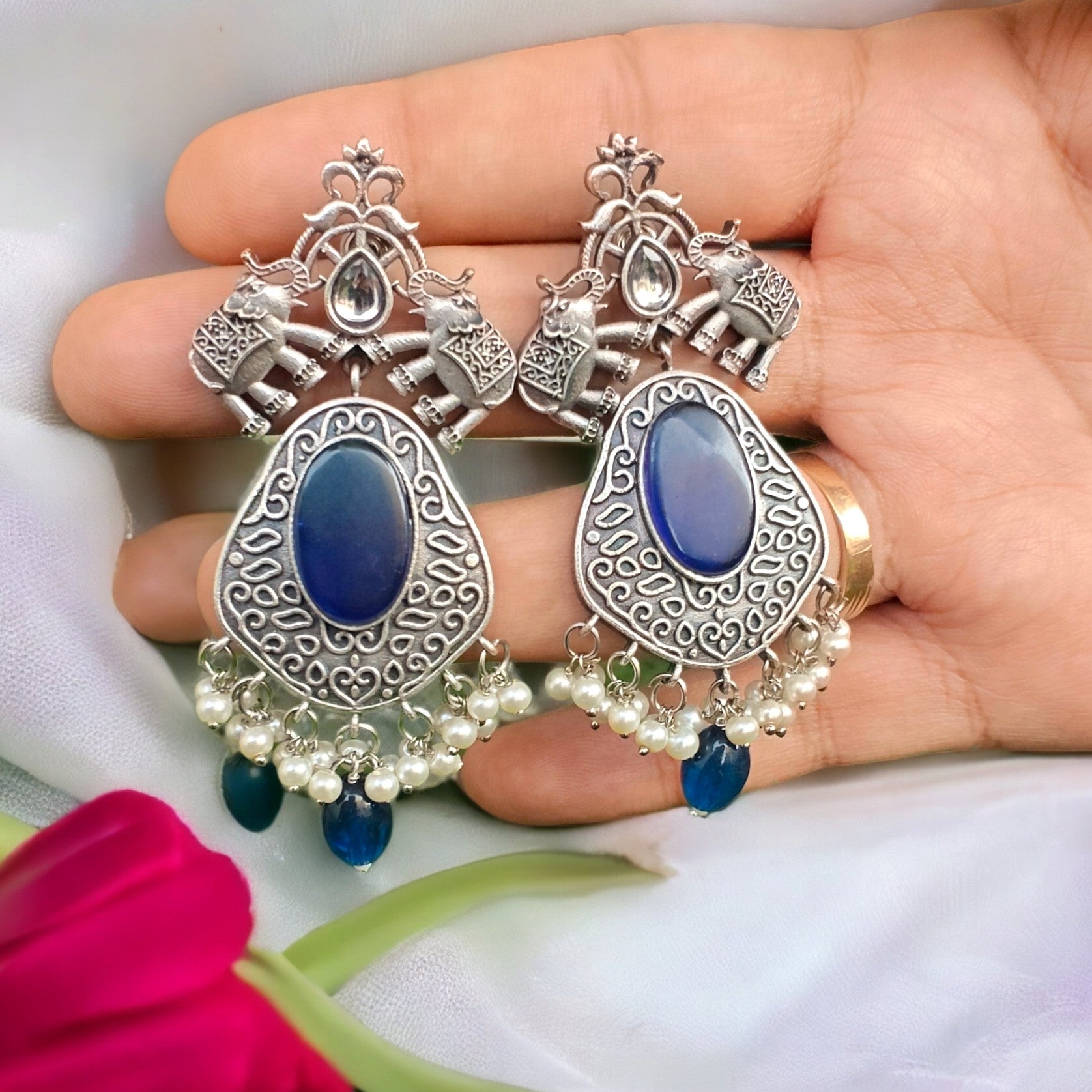 Mahira Elephant Silver Earring- Blue
