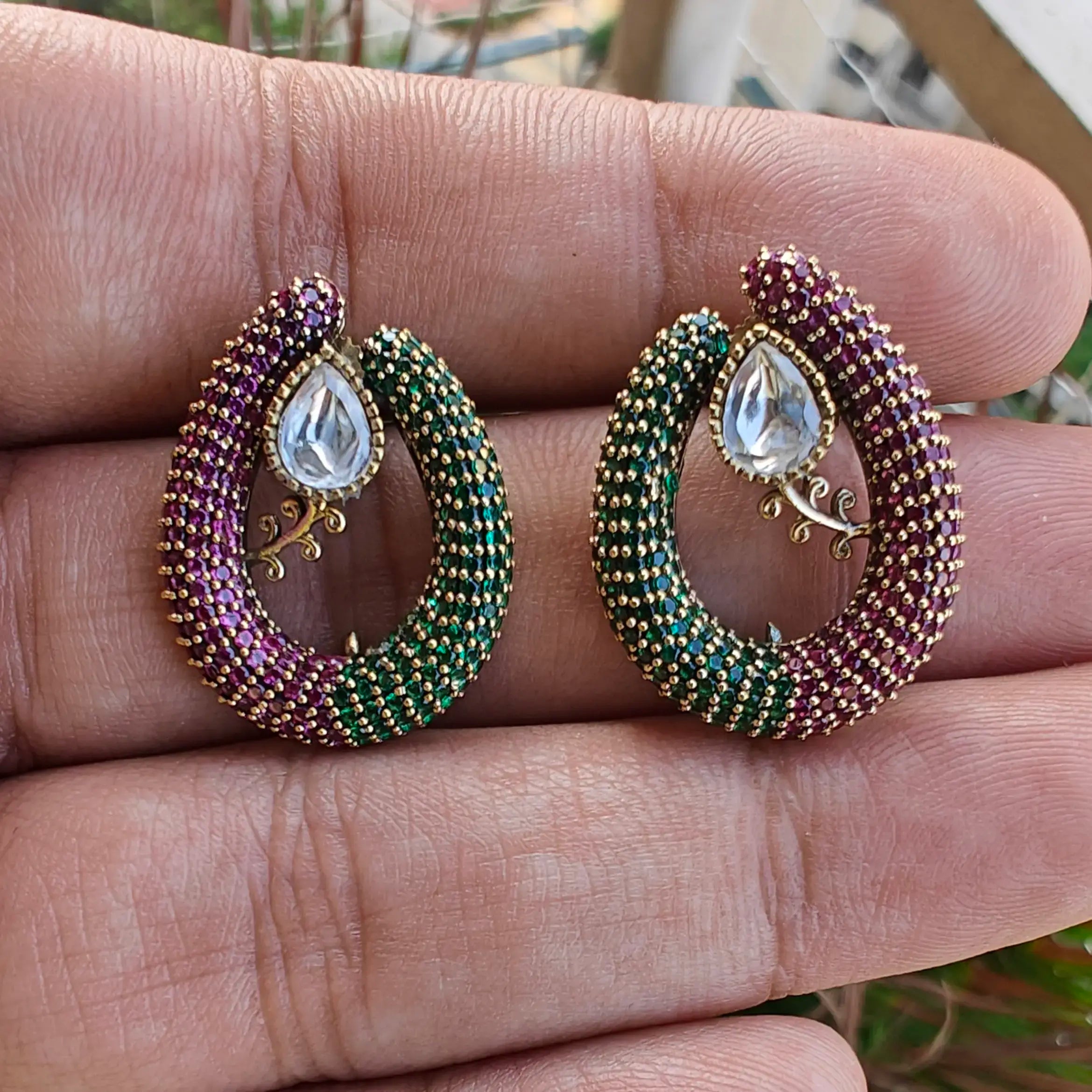 Khidmat Nano AD Polki Studs- Dark Pink And Green