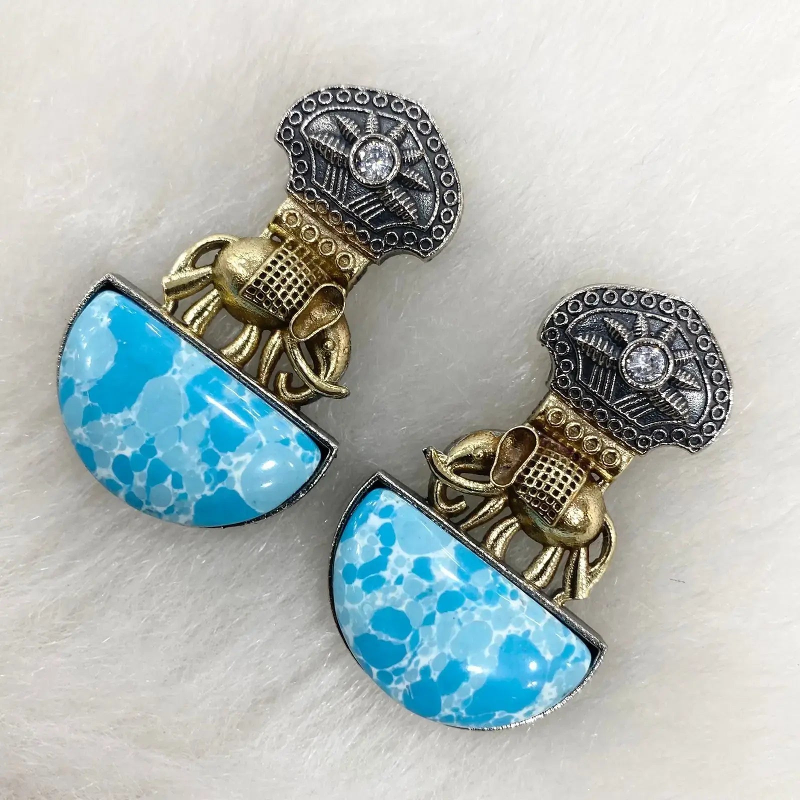 Elephant German Silver Stone Earrings - Sky Blue