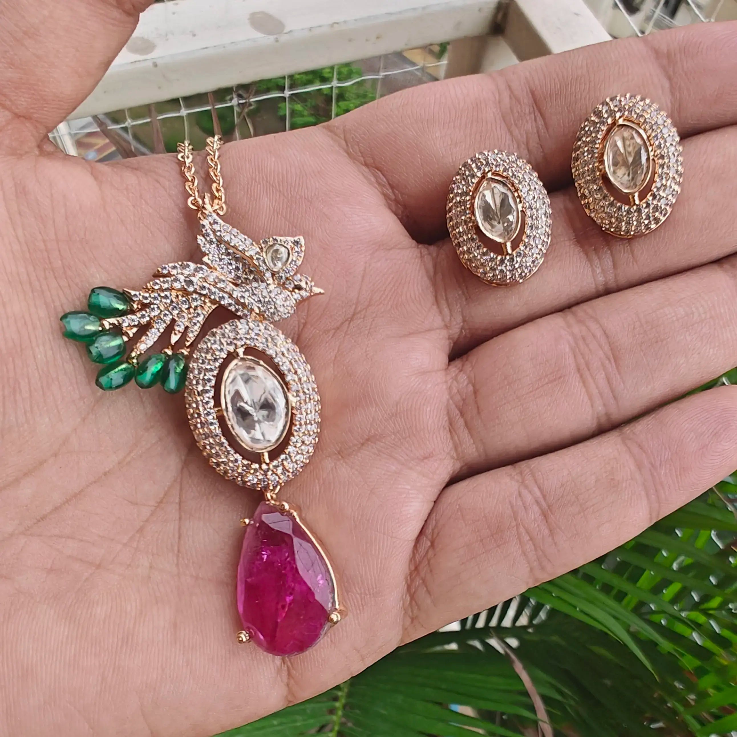 Jhalak Moissanite And Doublet Premium Pendant Set- Ruby Pink N Green