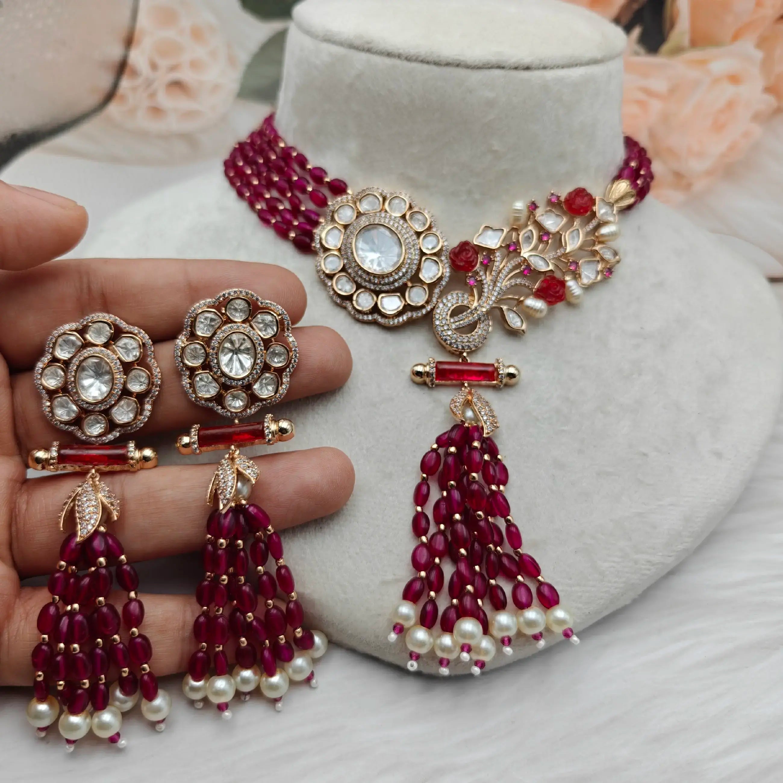 Pushpa Sunheri Moissanite Kundan Choker Necklace Set - Ruby