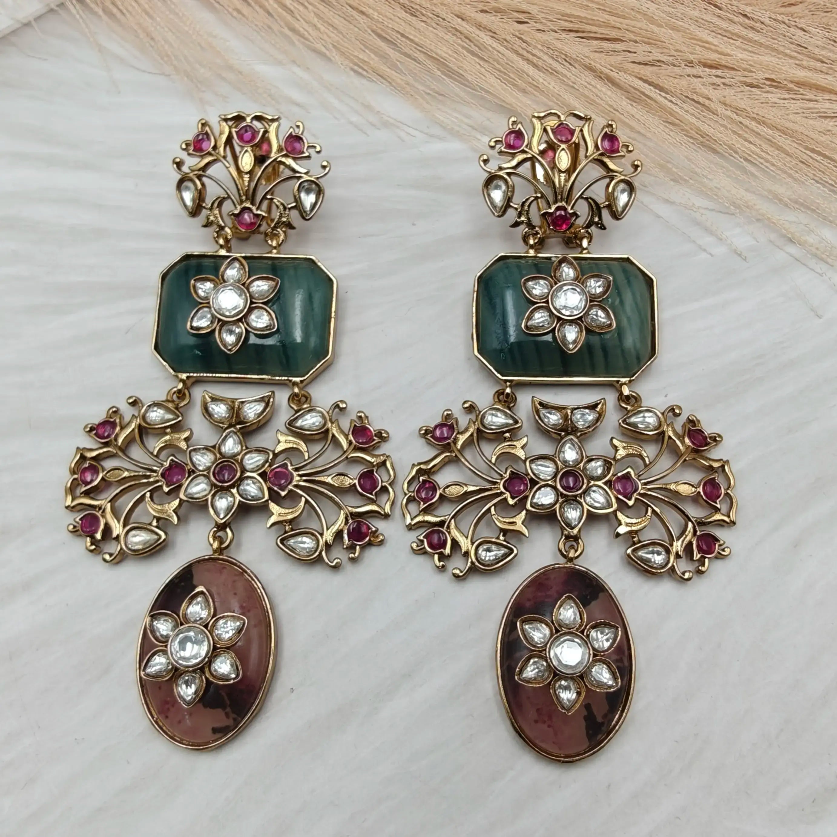 Sabyasachi Inspired Aarohi Regal Bloom Earrings -Green Malachite n Brown Jasper