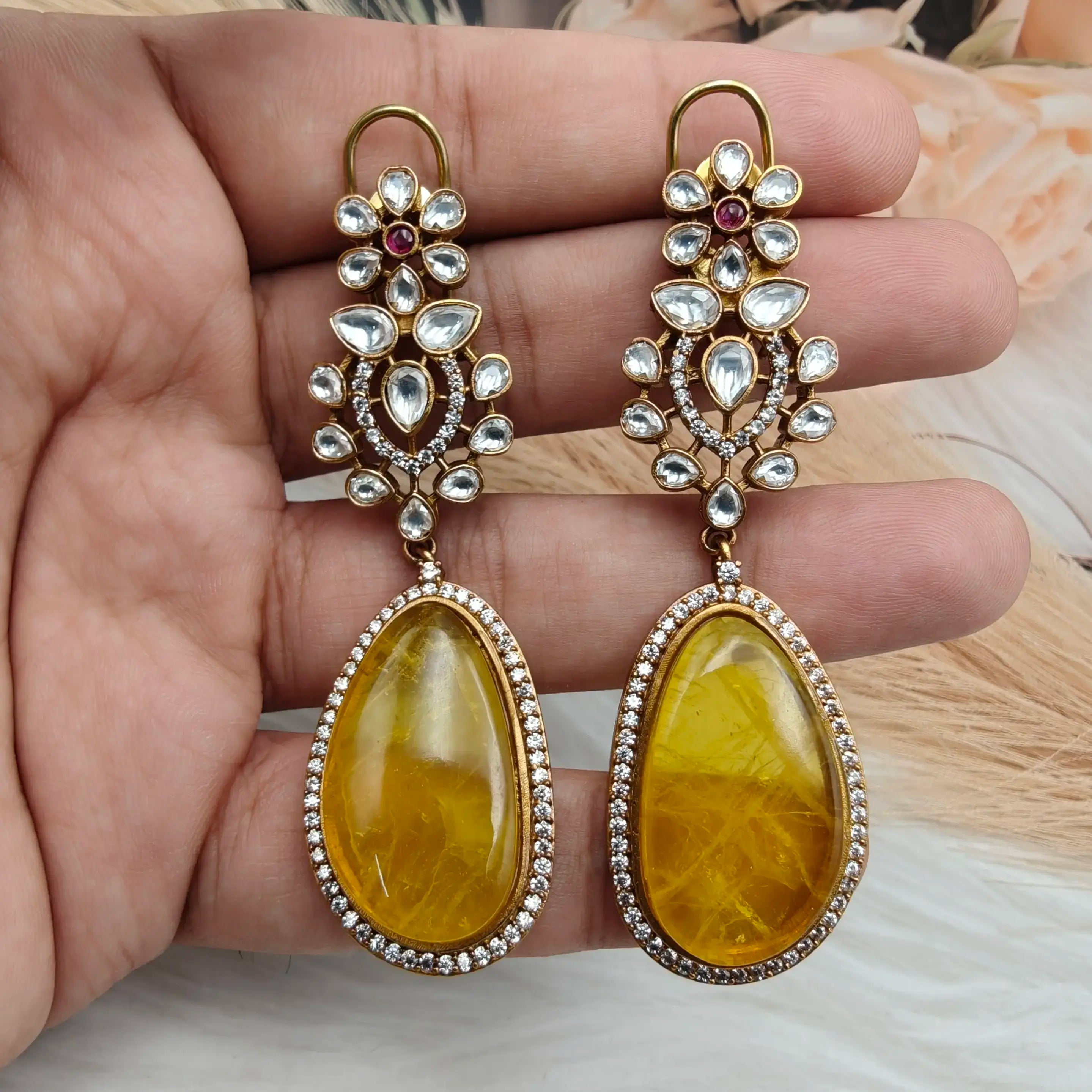 Atreyi Uncut Polki and Doublet Earrings - Yellow