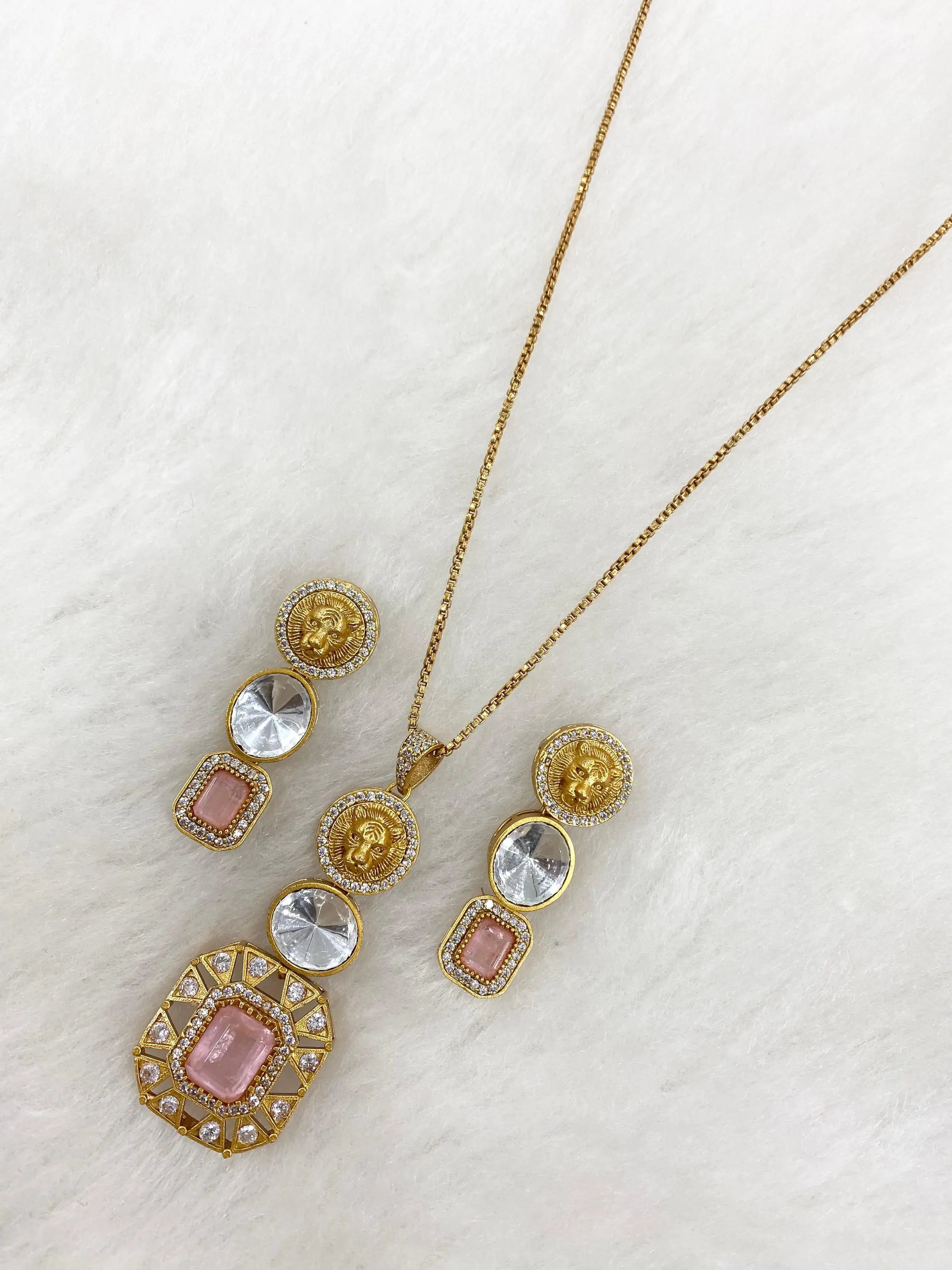 Sabya Inspired Ekisha Doublet and Polki Pendant Set- Pink