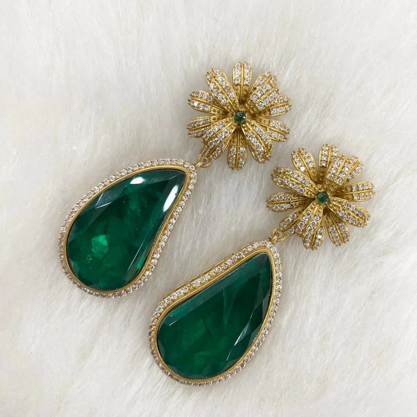 Sabyasachi Inspired Zehnaseeb Doublet Flower Statement Earrings- Emerald Green