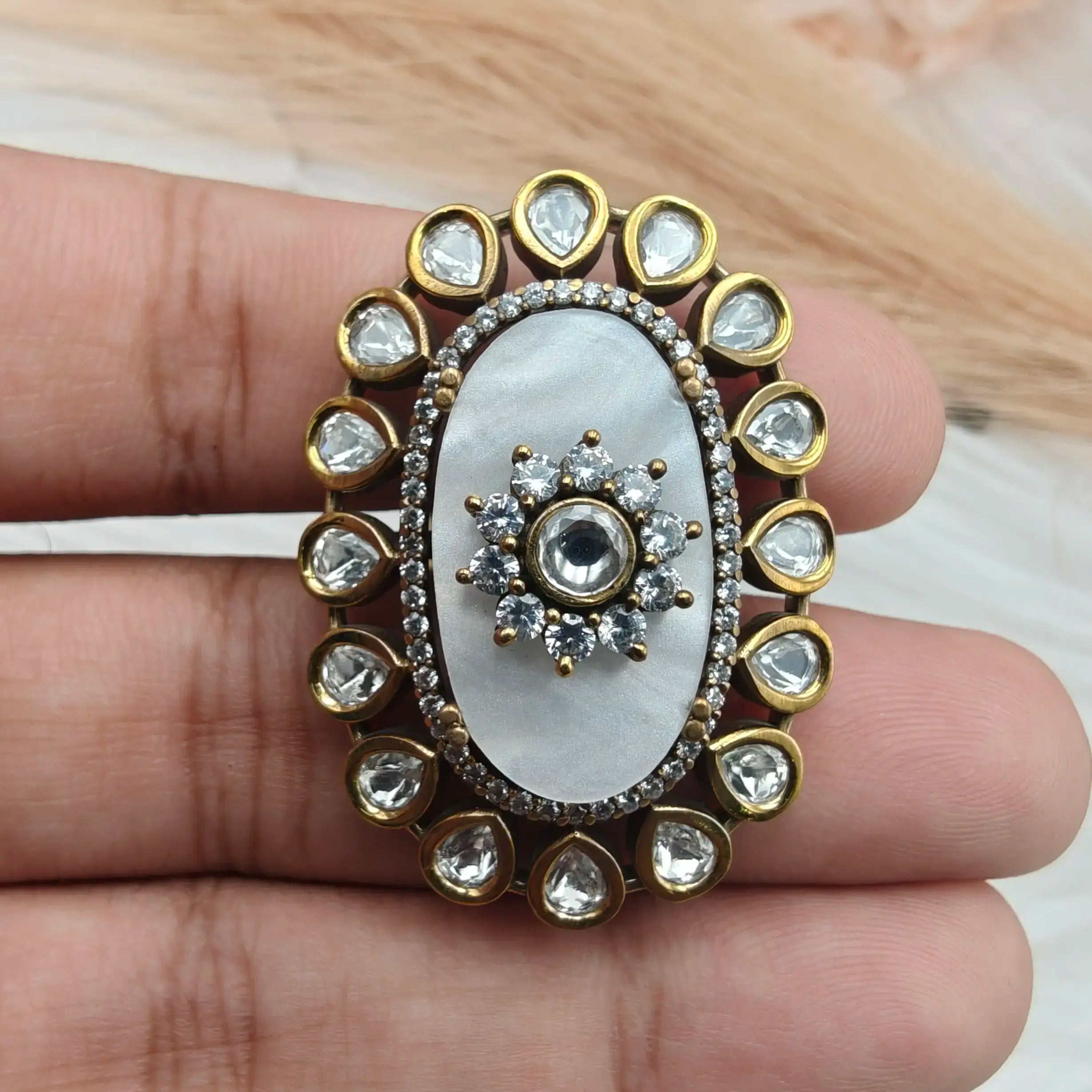 Shafa Uncut Polki Moissanite Ring- White Shell Stone