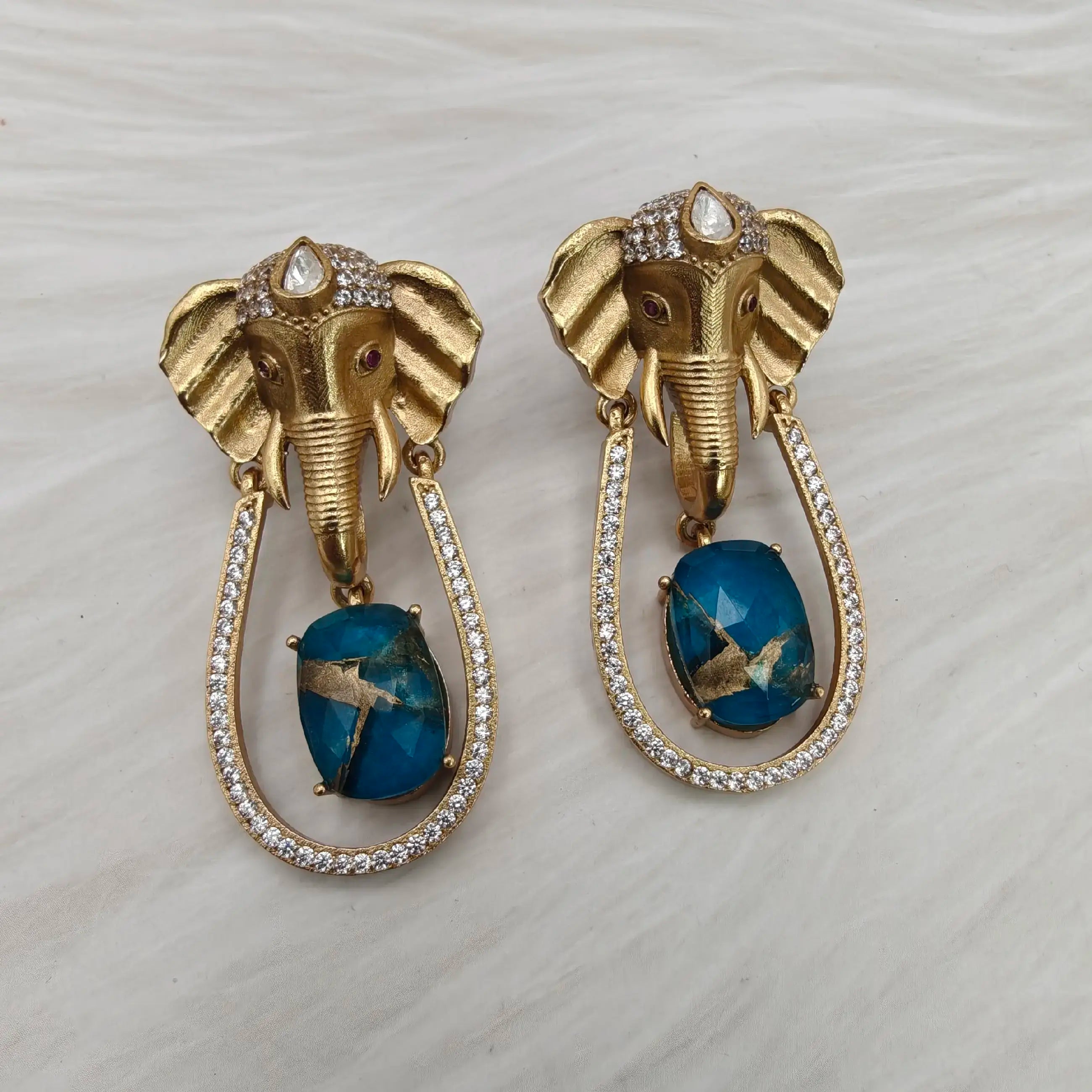 Ganesha Tourmaline Doublet Statement Earrings - Teal Blue