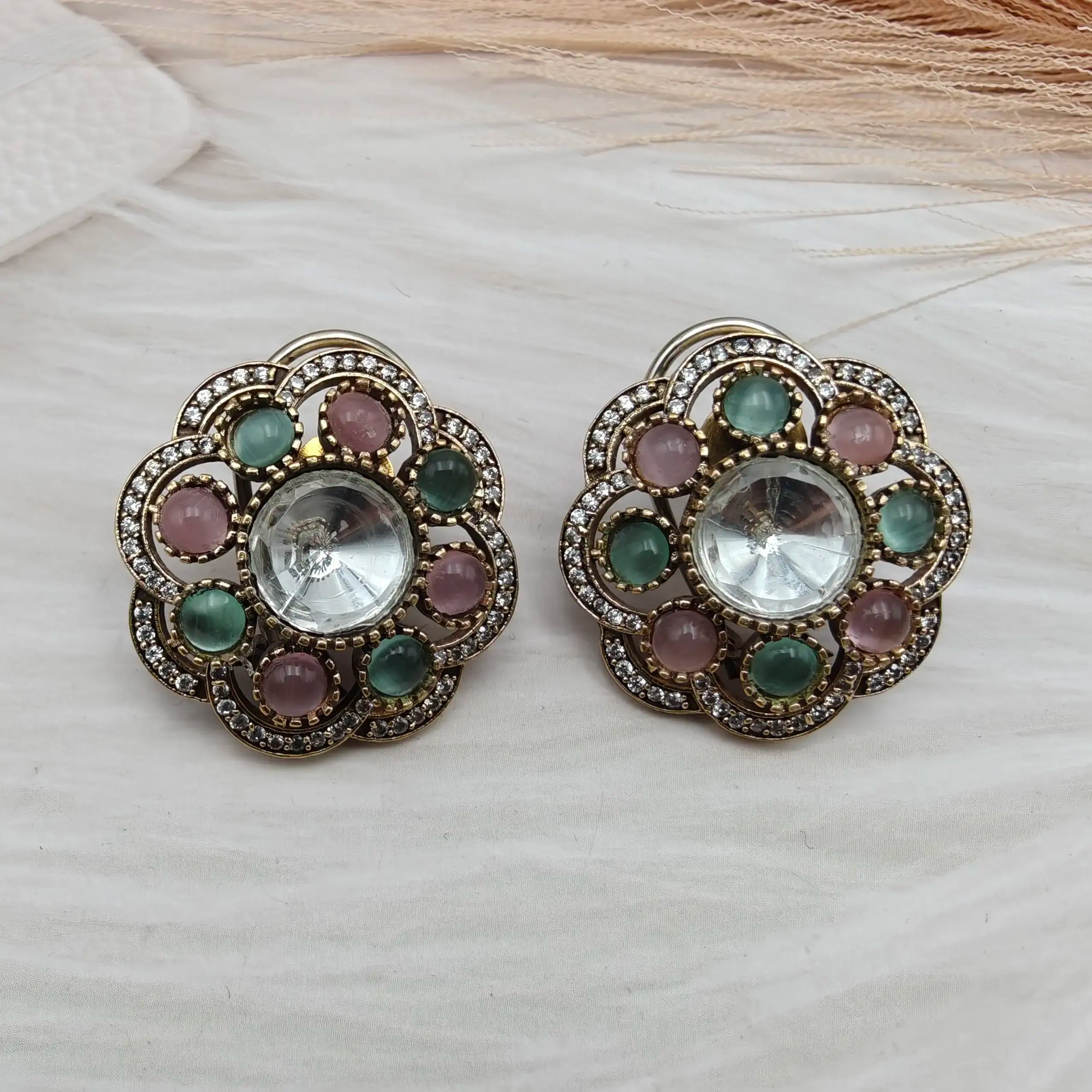 Niharika Uncut Polki Pota Stone Studs- Mint n Pink