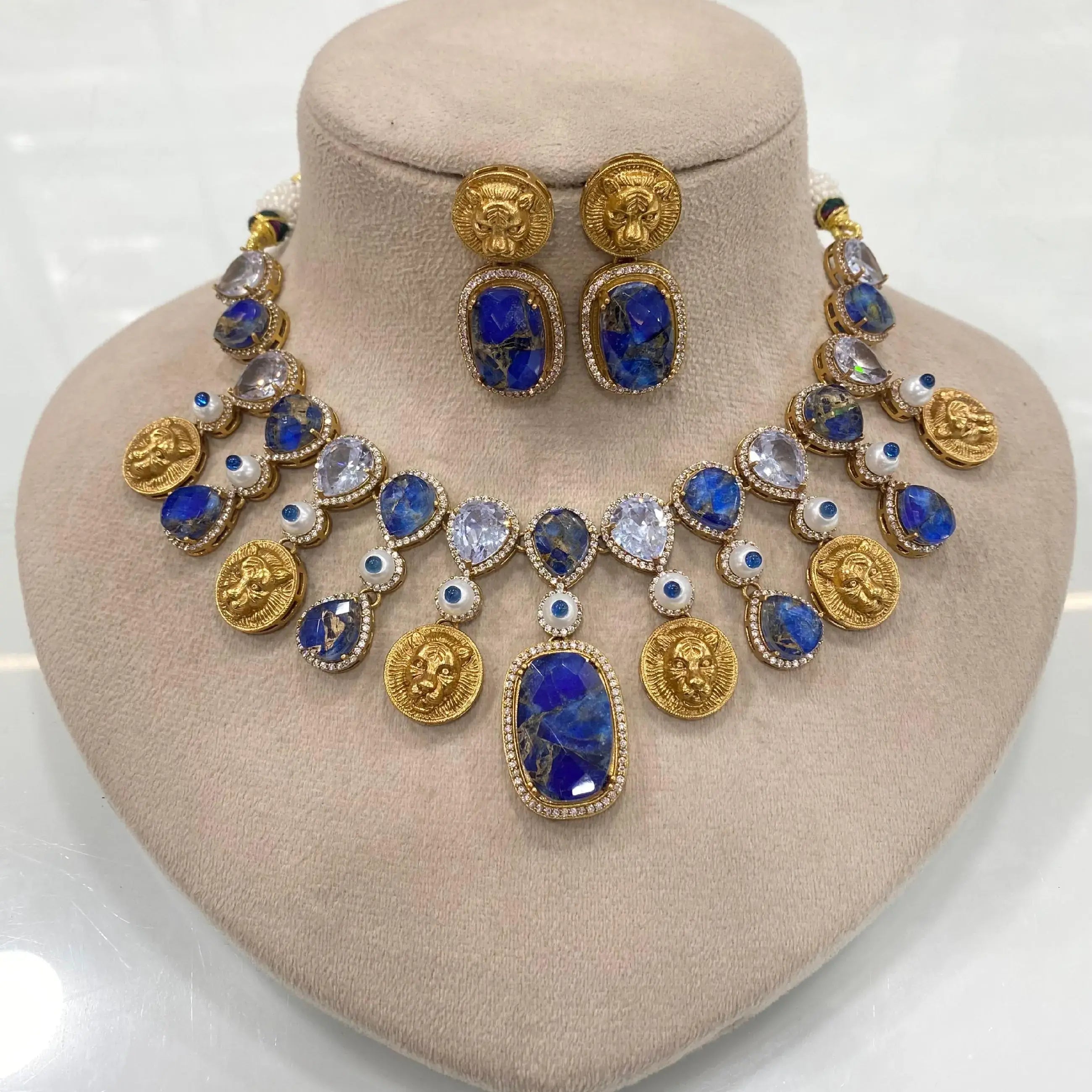 Sabyasachi Inspired Vrishali Tourmaline Doublet Necklace Set - Blue