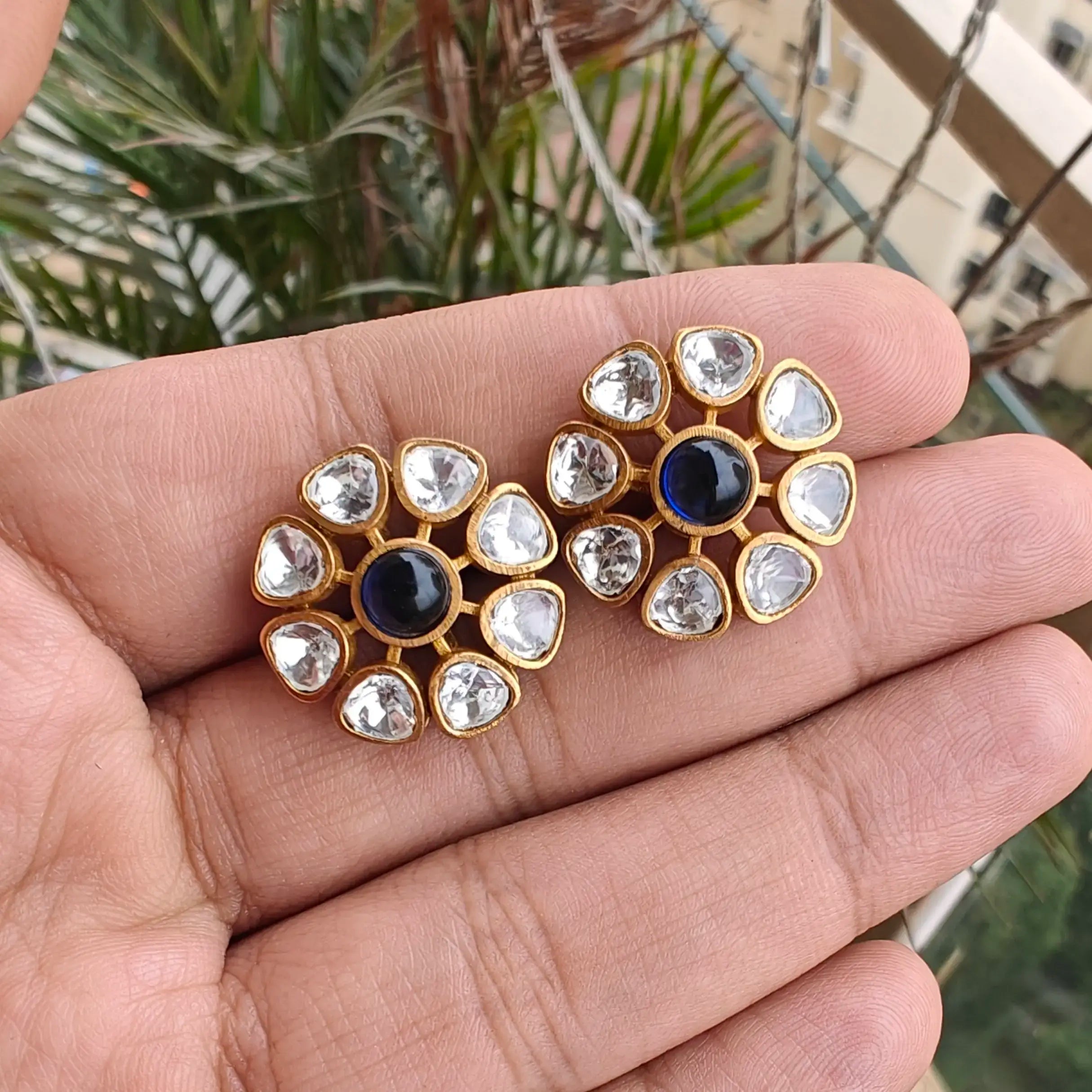 Rasha Uncut Polki Studs- Blue