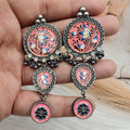Tanjore Silver Replica Piya Earrings - Rose Pink