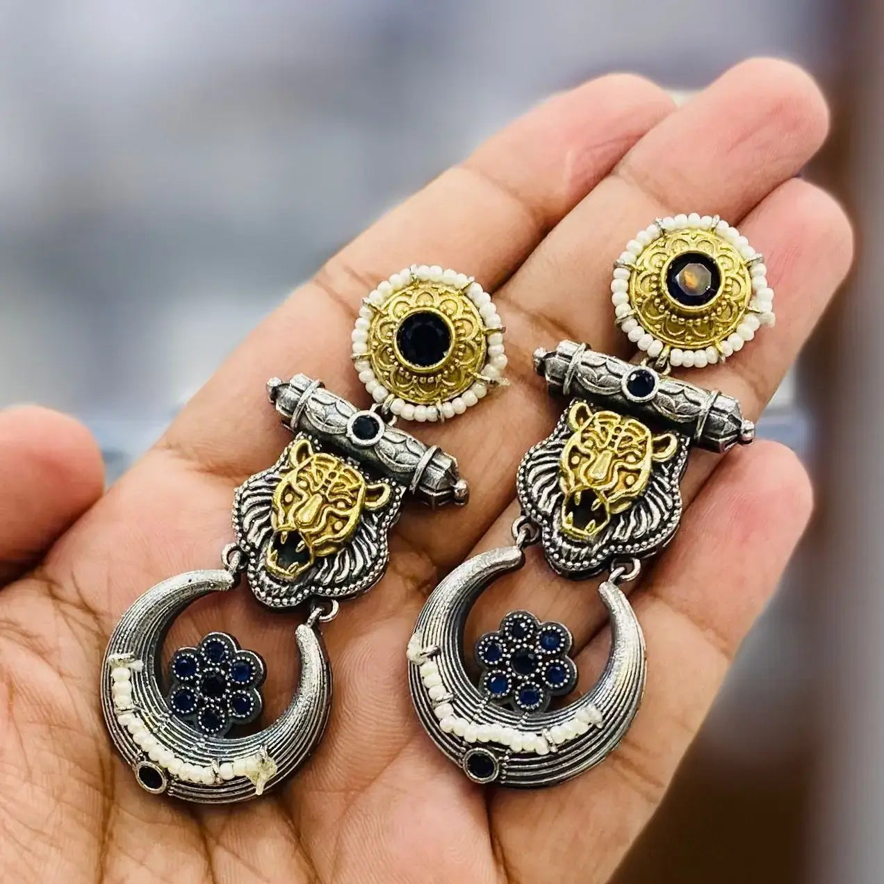 Sabyasachi Inspired Silver Replica Earrings- Blue