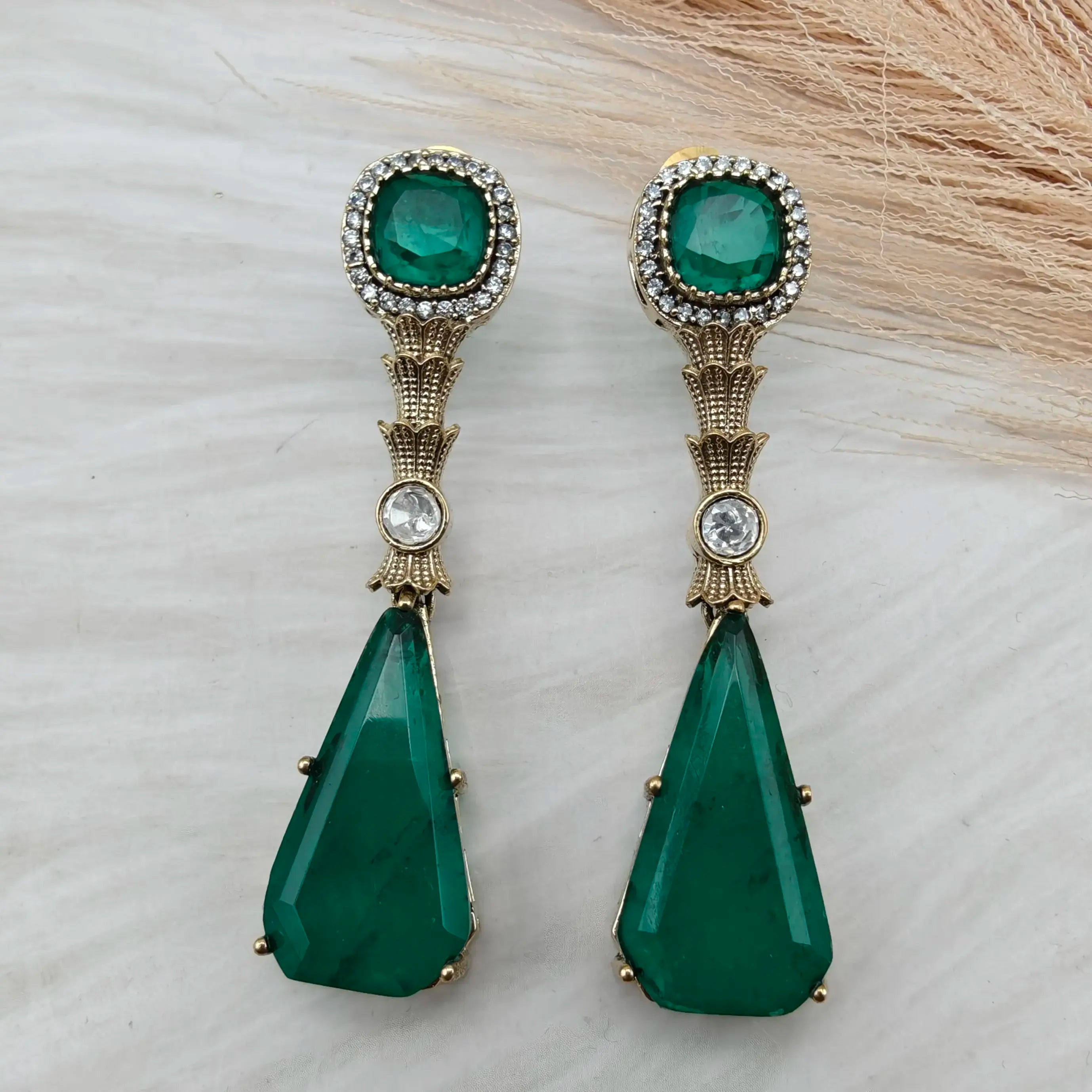 Sabyasachi Inspired Dua Doublet Drop Earrings - Emerald Green