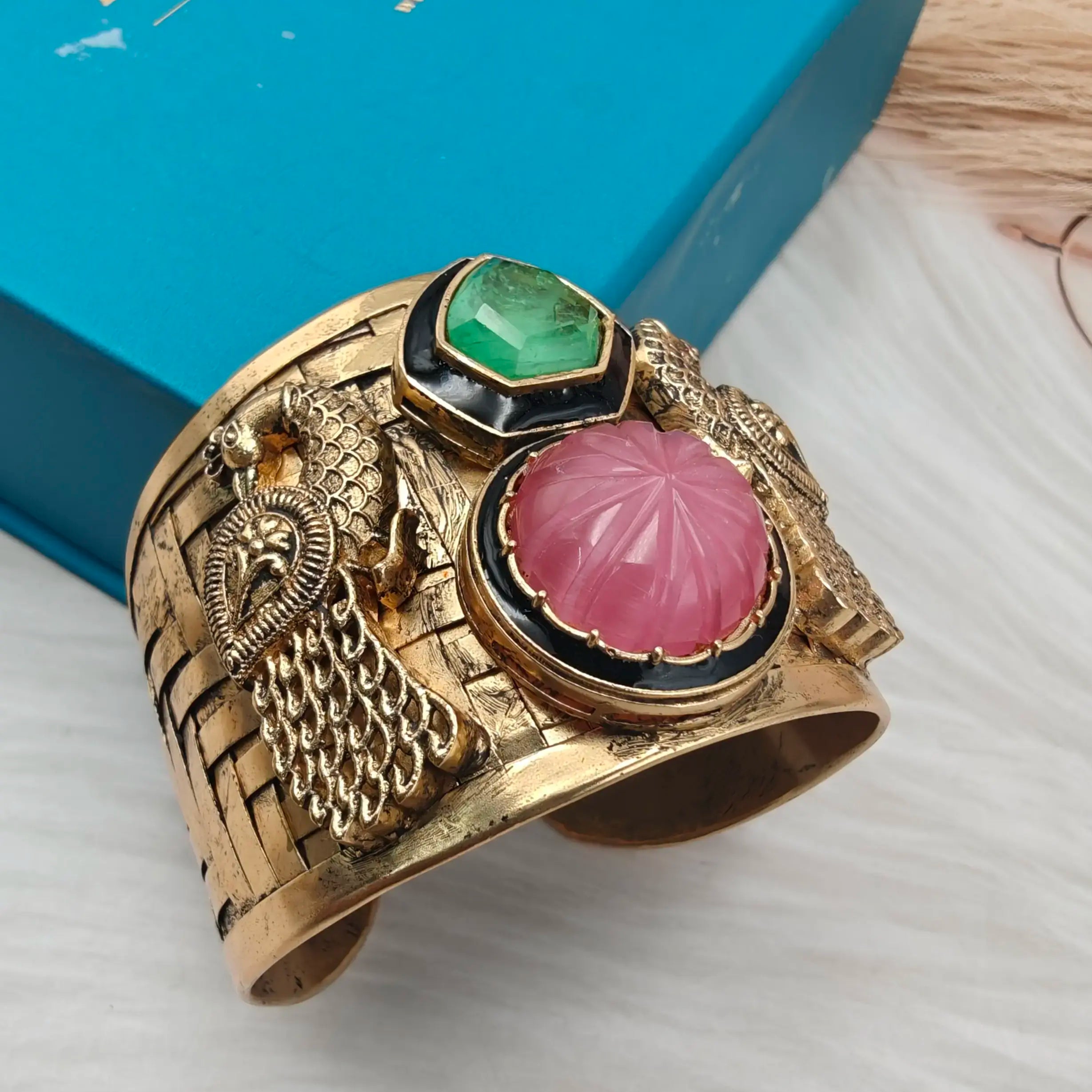 Manora Handcrafted Amrapali Brass Fusion Handcuff- Pink n Mint