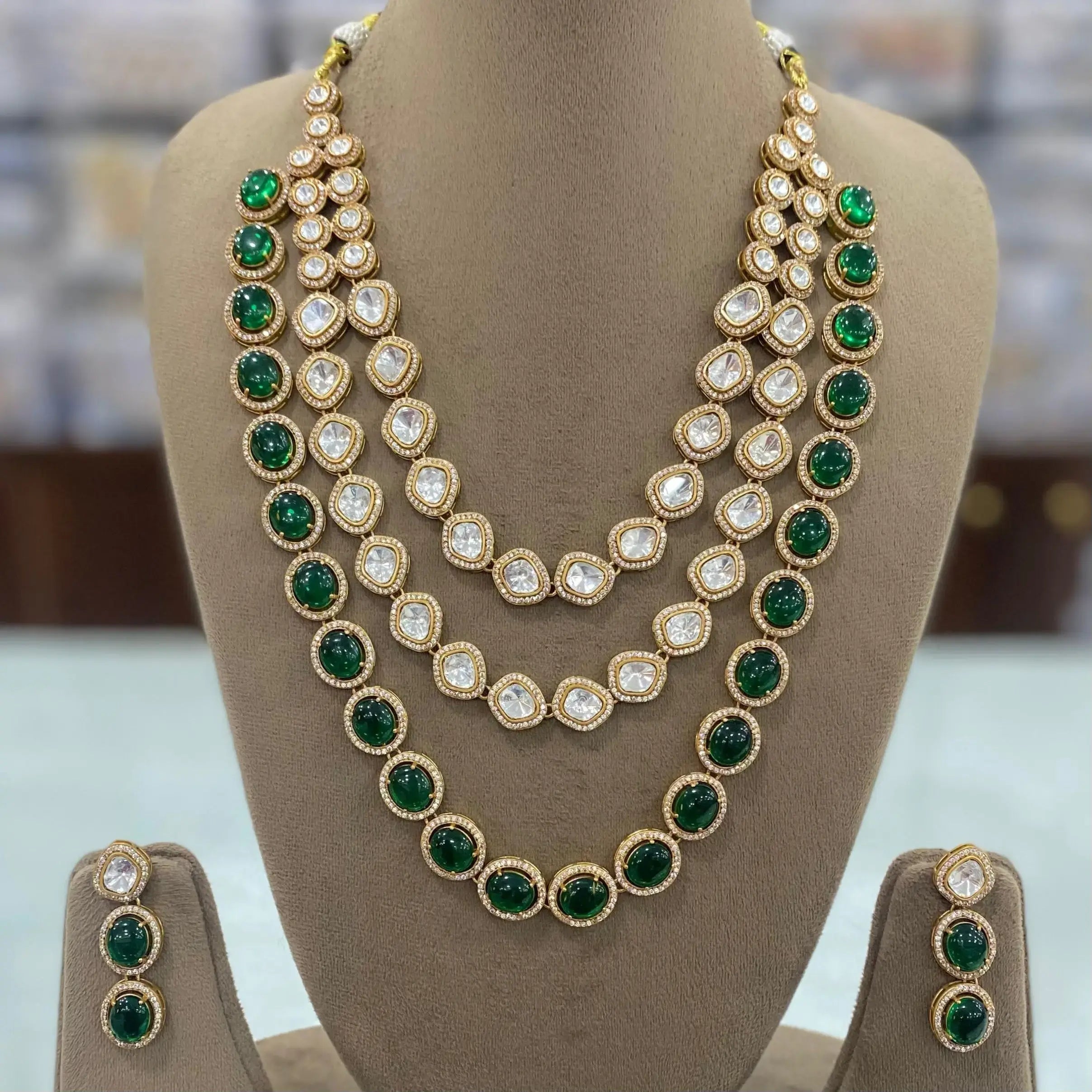 Himani Triple Layer Pota Stone Uncut Moissanite Polki Necklace Set- Green