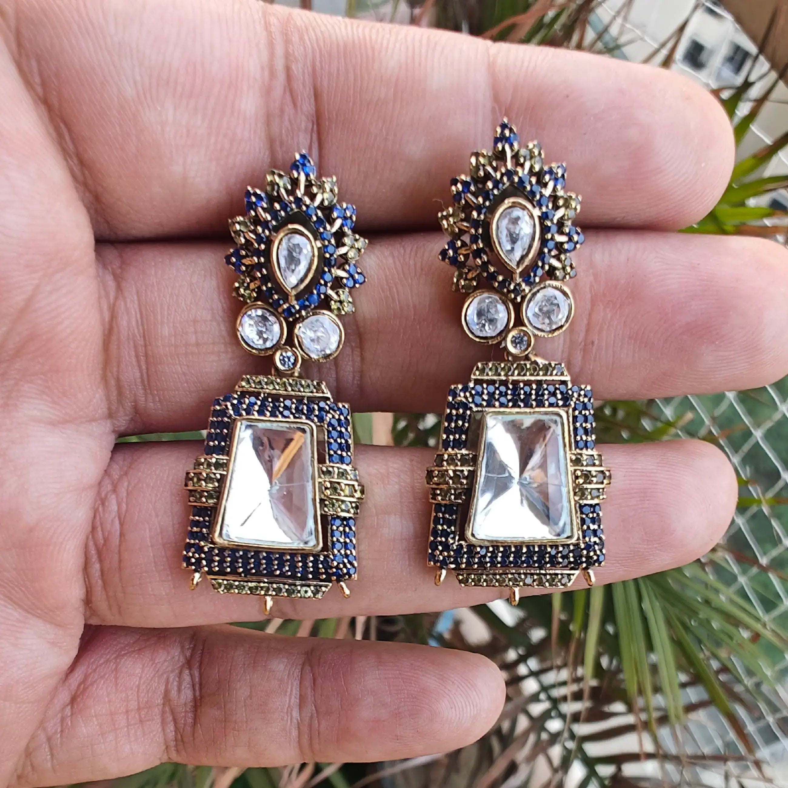 Faiza Uncut Moissanite Polki AD Earrings- Gold n Blue