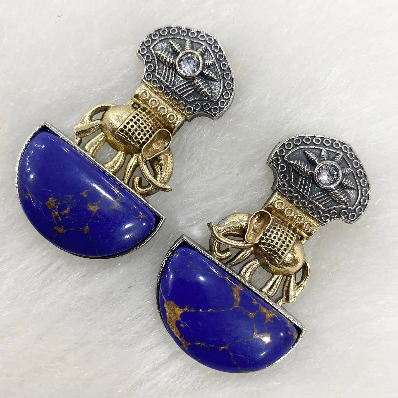 Elephant German Silver Stone Earrings - Indigo Blue