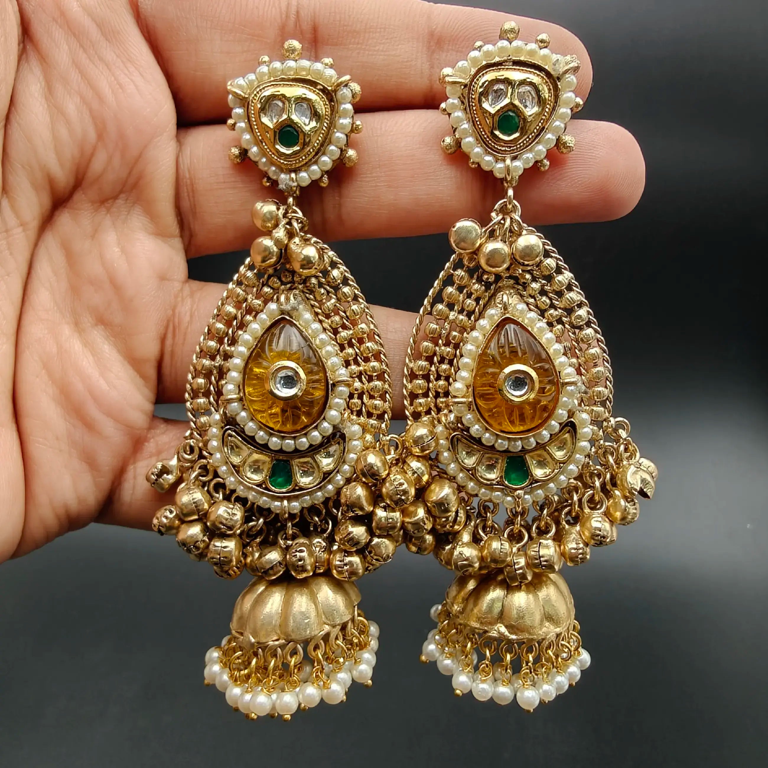 Pavani Brass Fusion Jhumka Earrings - Yellow Gold