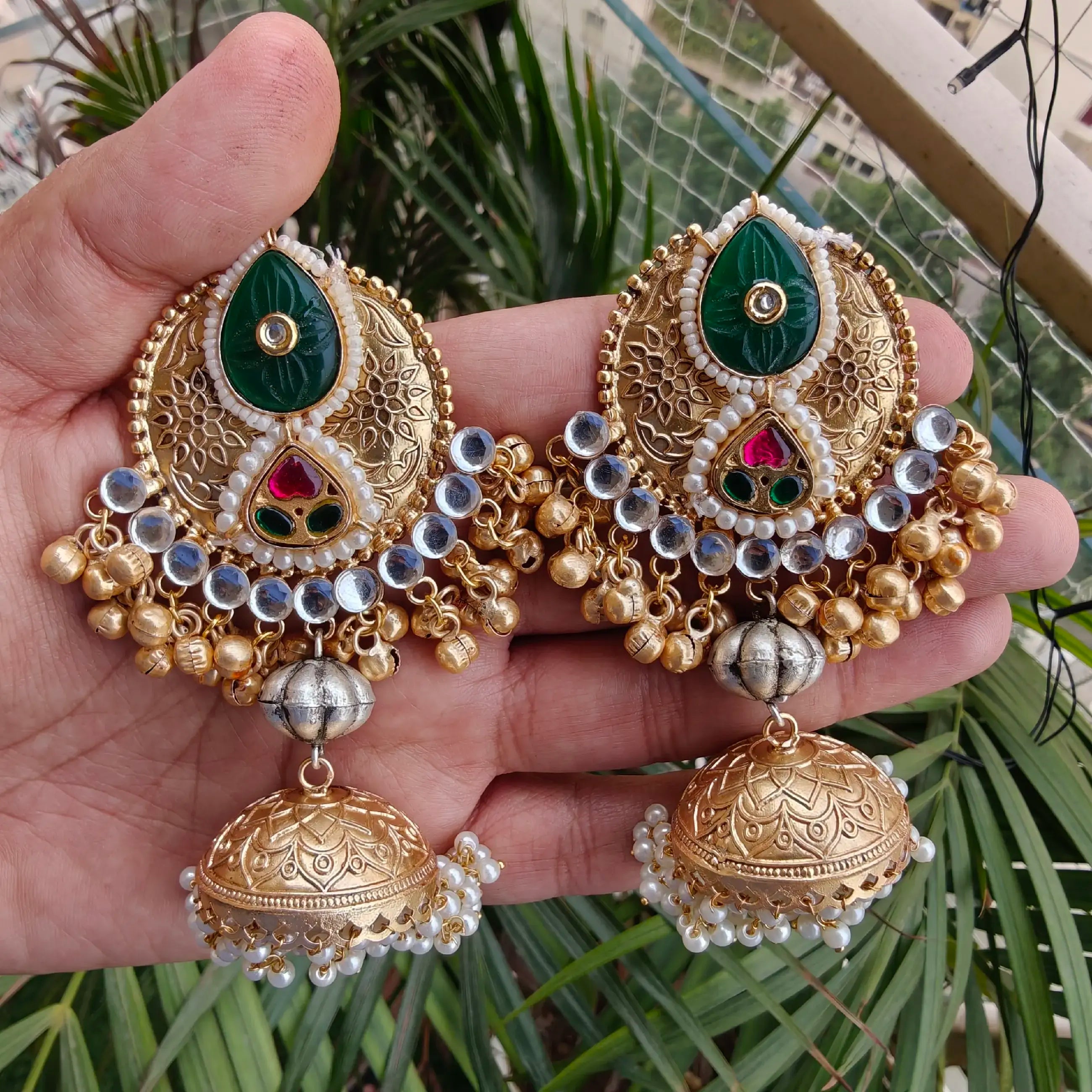Sahiba Brass Fusion Jhumki- Green