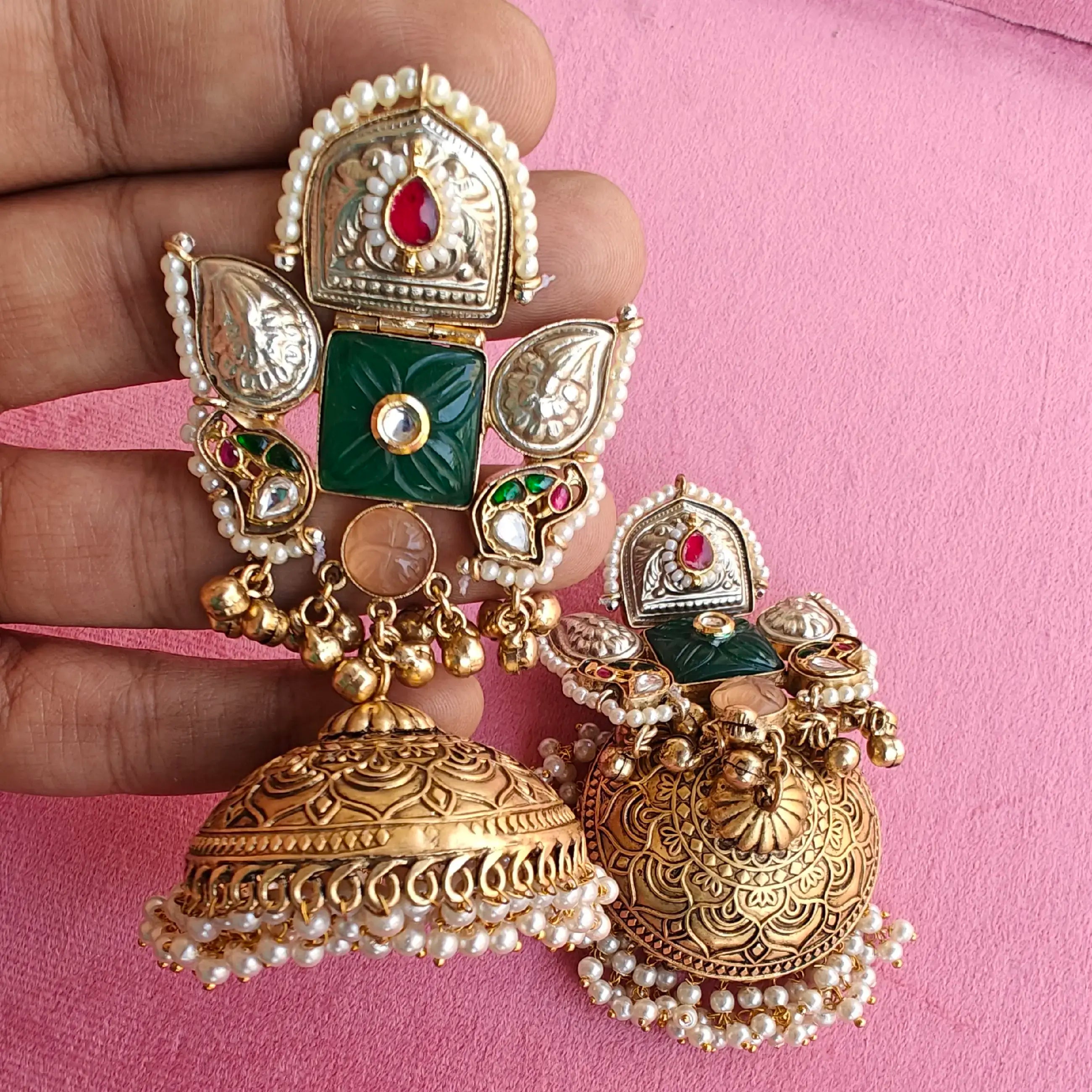 Aashiqui Amrapali Brass Fusion Earrings - Green N Peach
