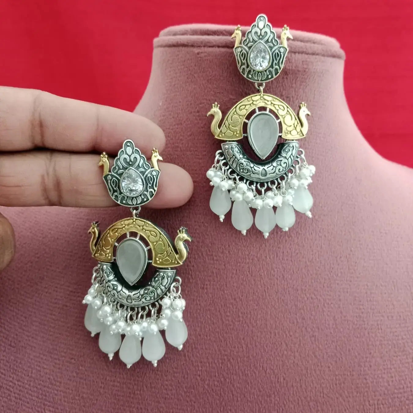 Naina Mayuri Silver Replica Earrings- White