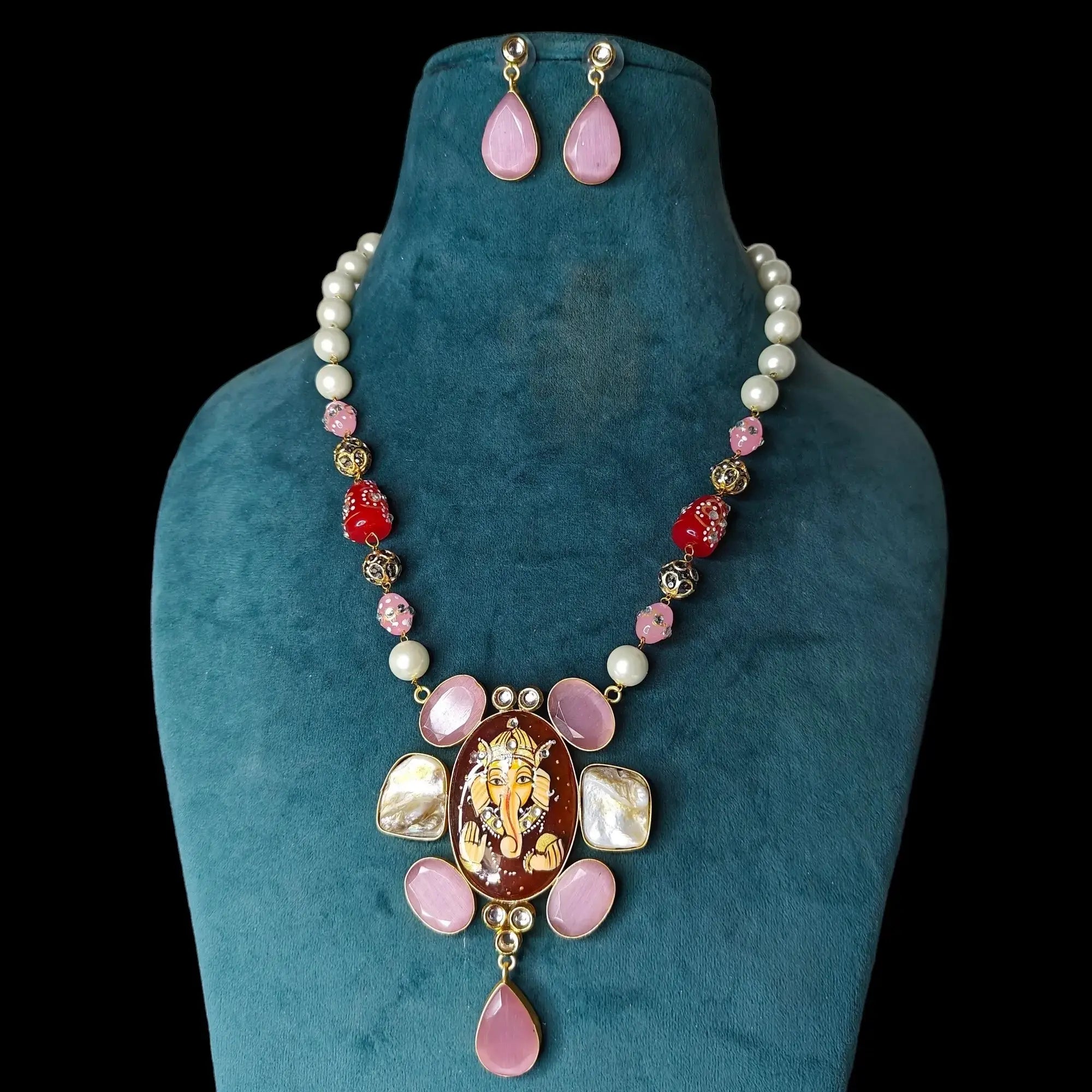Ganesha Tanjore Monalisa Necklace Set- Pink