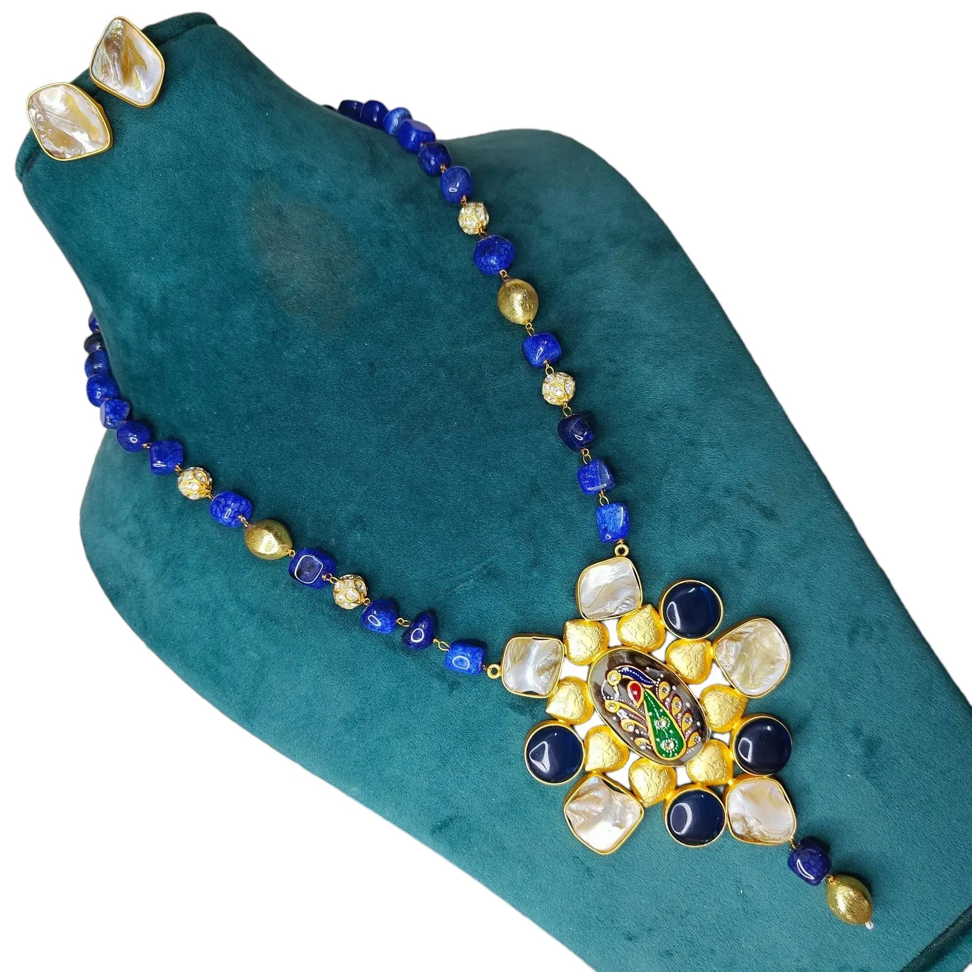 Tanjore Monalisa Brass Leaf Long Necklace Set- Navy Blue