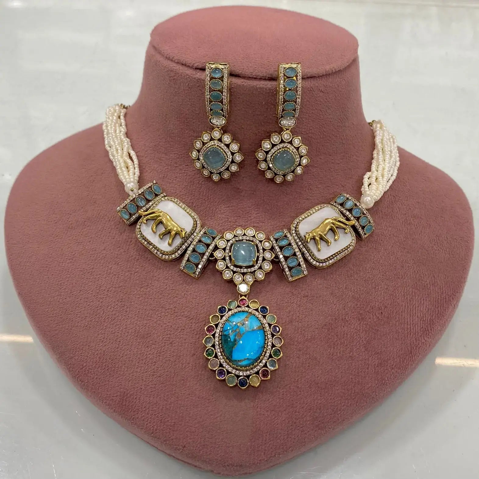 Aafra Sabyasachi Inspired Tourmaline Doublet Choker Necklace - Turquoise
