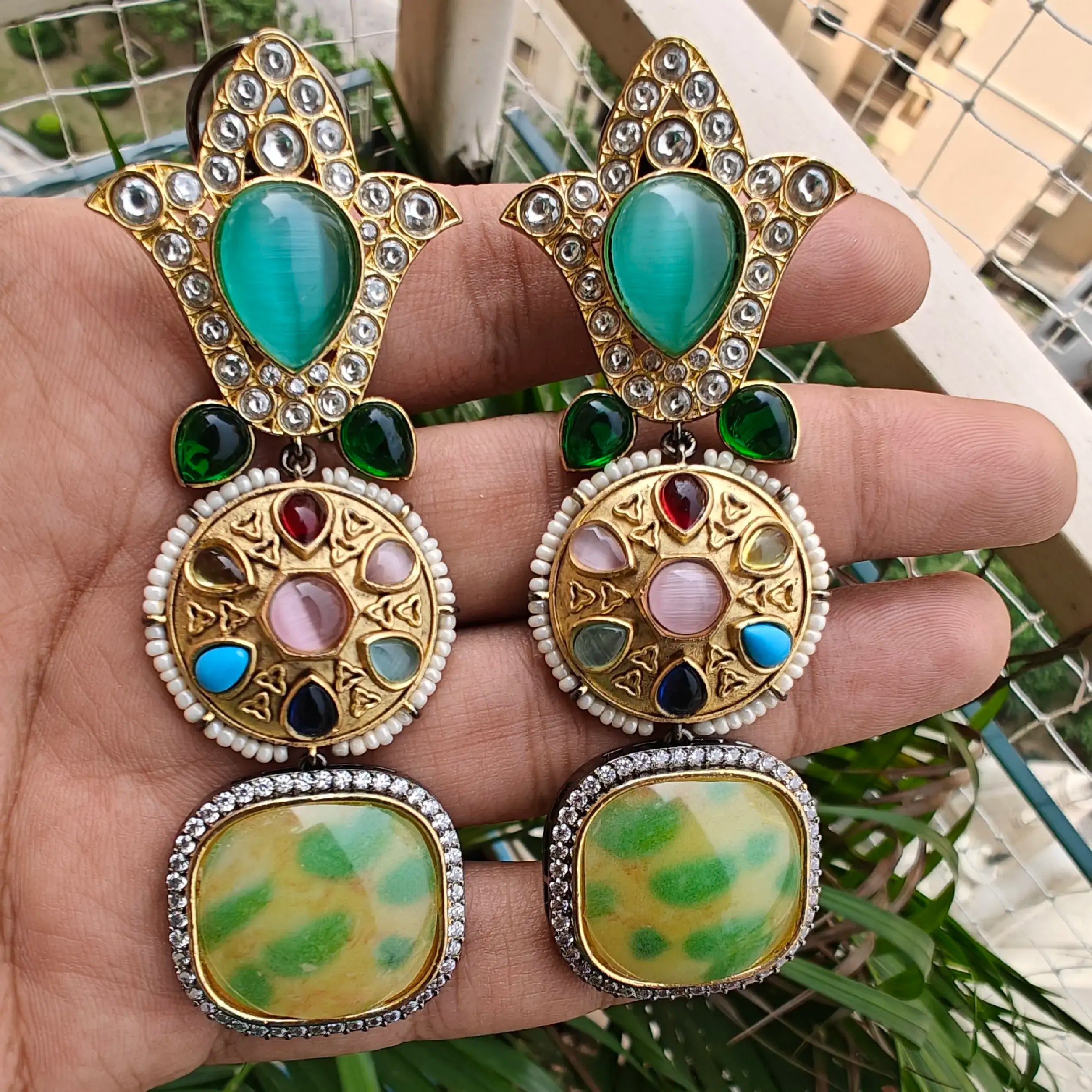 Sabyasachi Inspired Navratan Premium Earrings- Mint Green