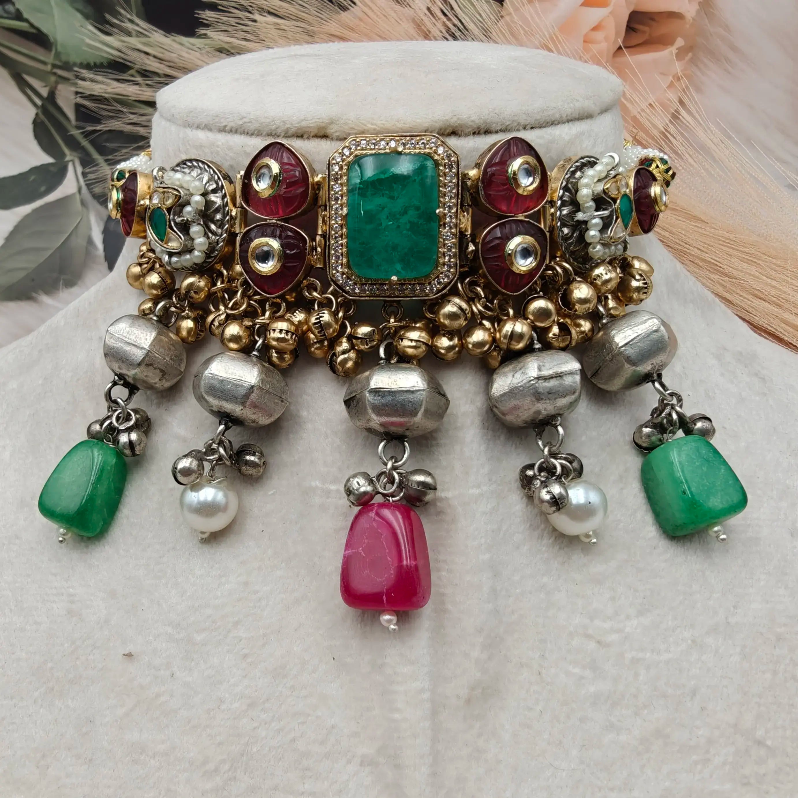 Aurum Mist Doublet Brass Fusion Choker- Green n Ruby