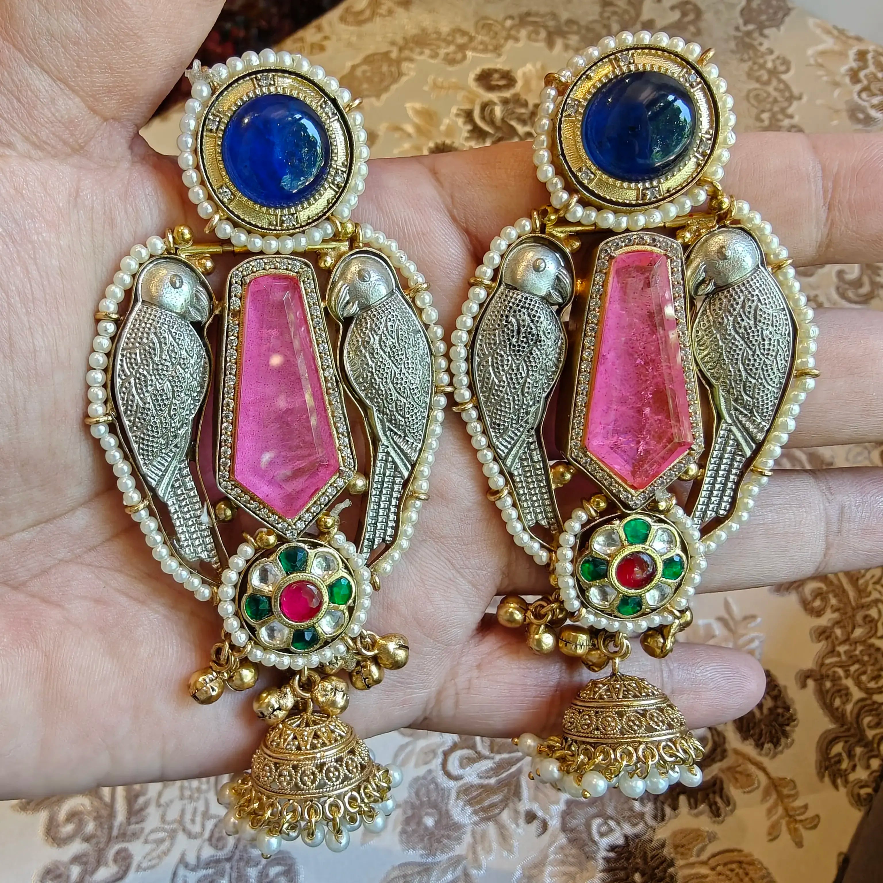 Mithu Premium Russian Doublet Amrapali Brass Fusion Earrings - Pink n Blue