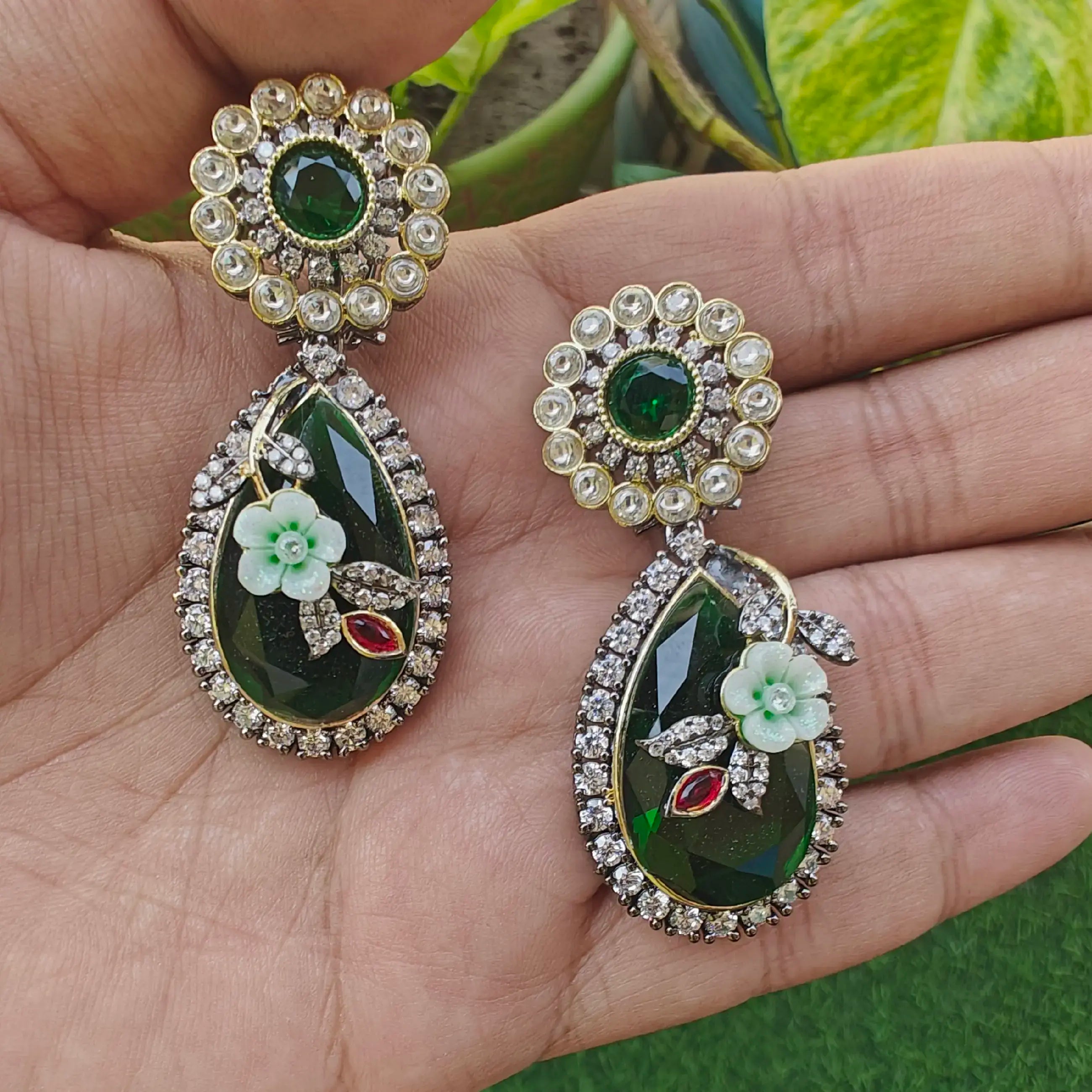 Saya Statement Premium Earrings- Green