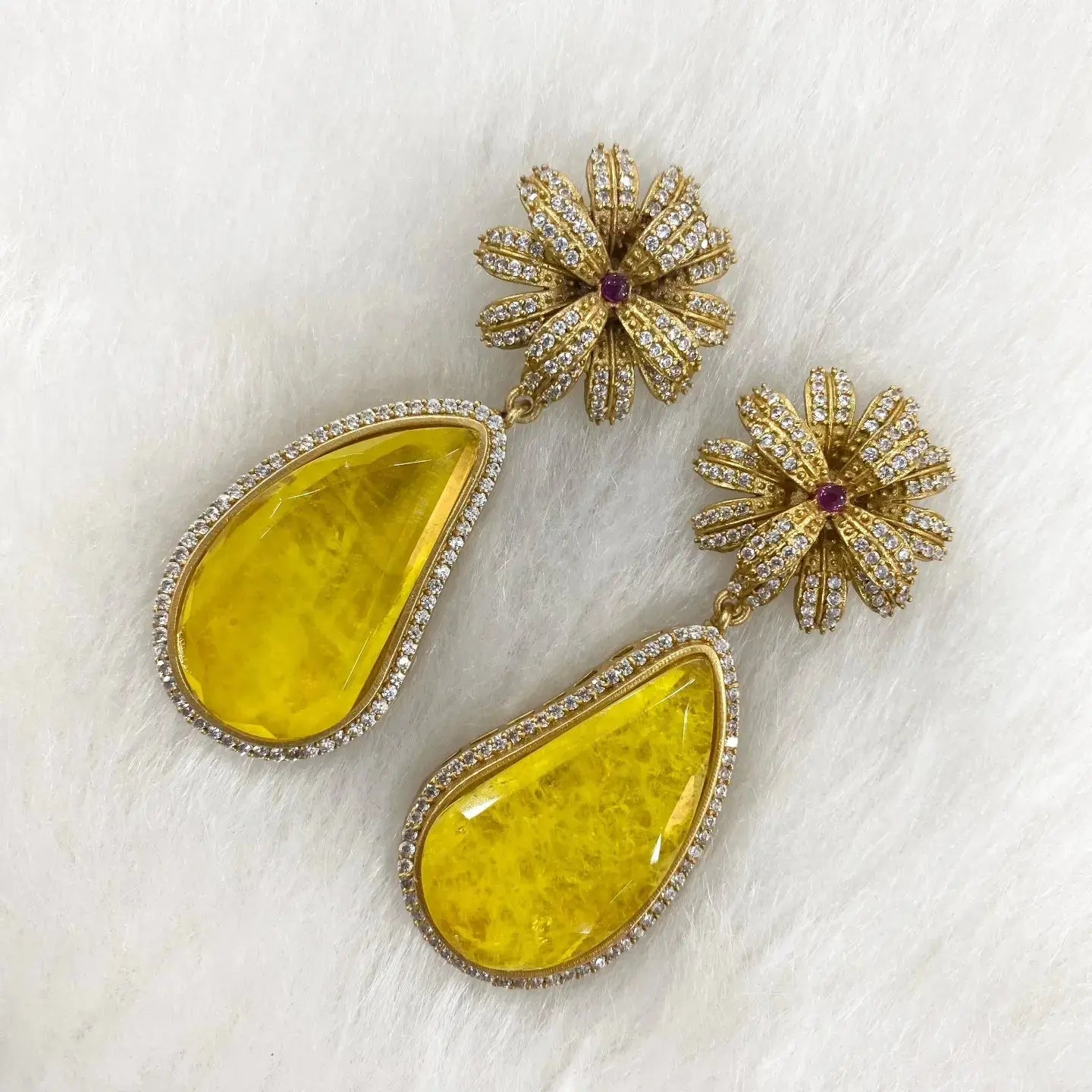 Sabyasachi Inspired Zehnaseeb Doublet Flower Statement Earrings- Yellow