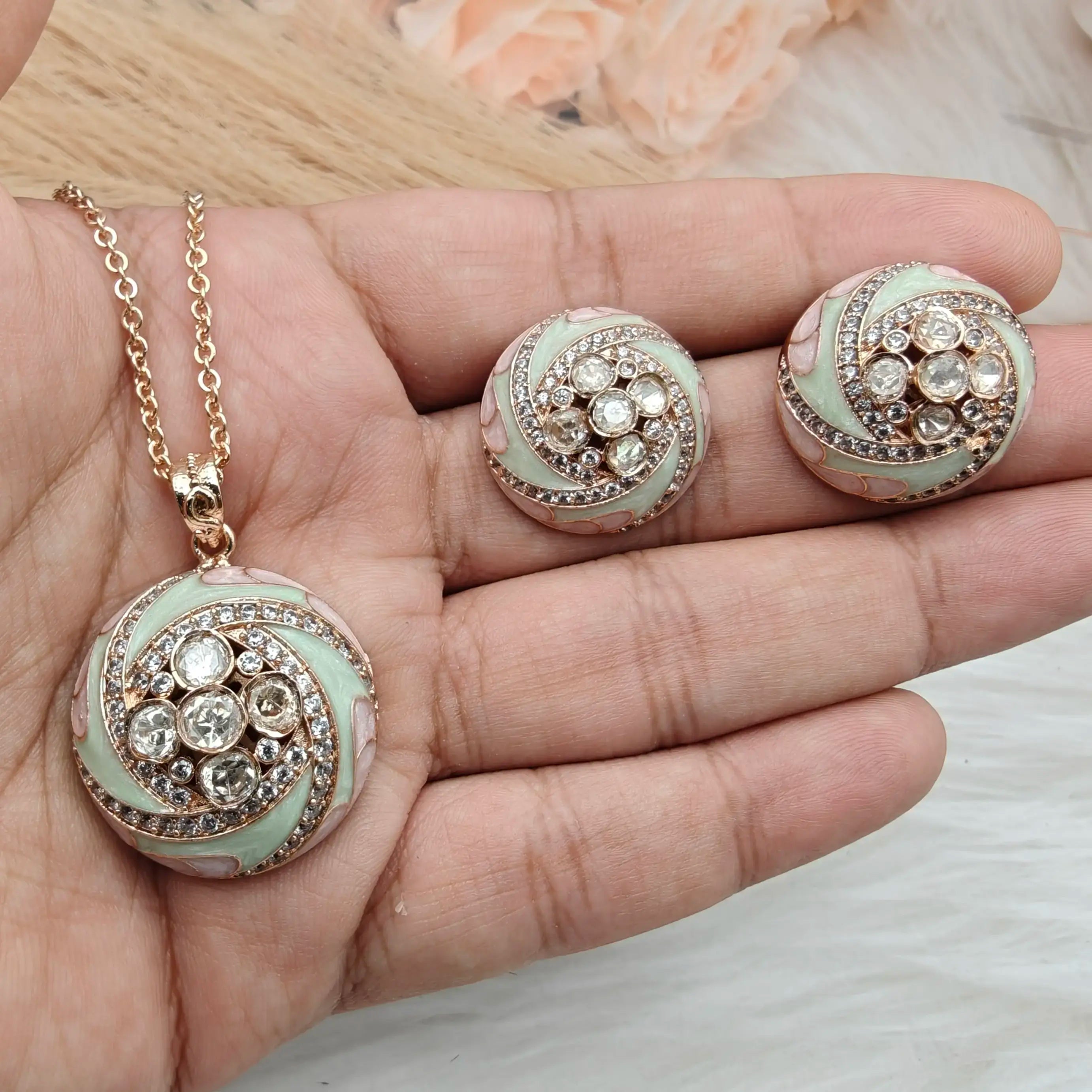 Aakruti Italian Enamel Moissanite Pendant Set - Mint n Pink