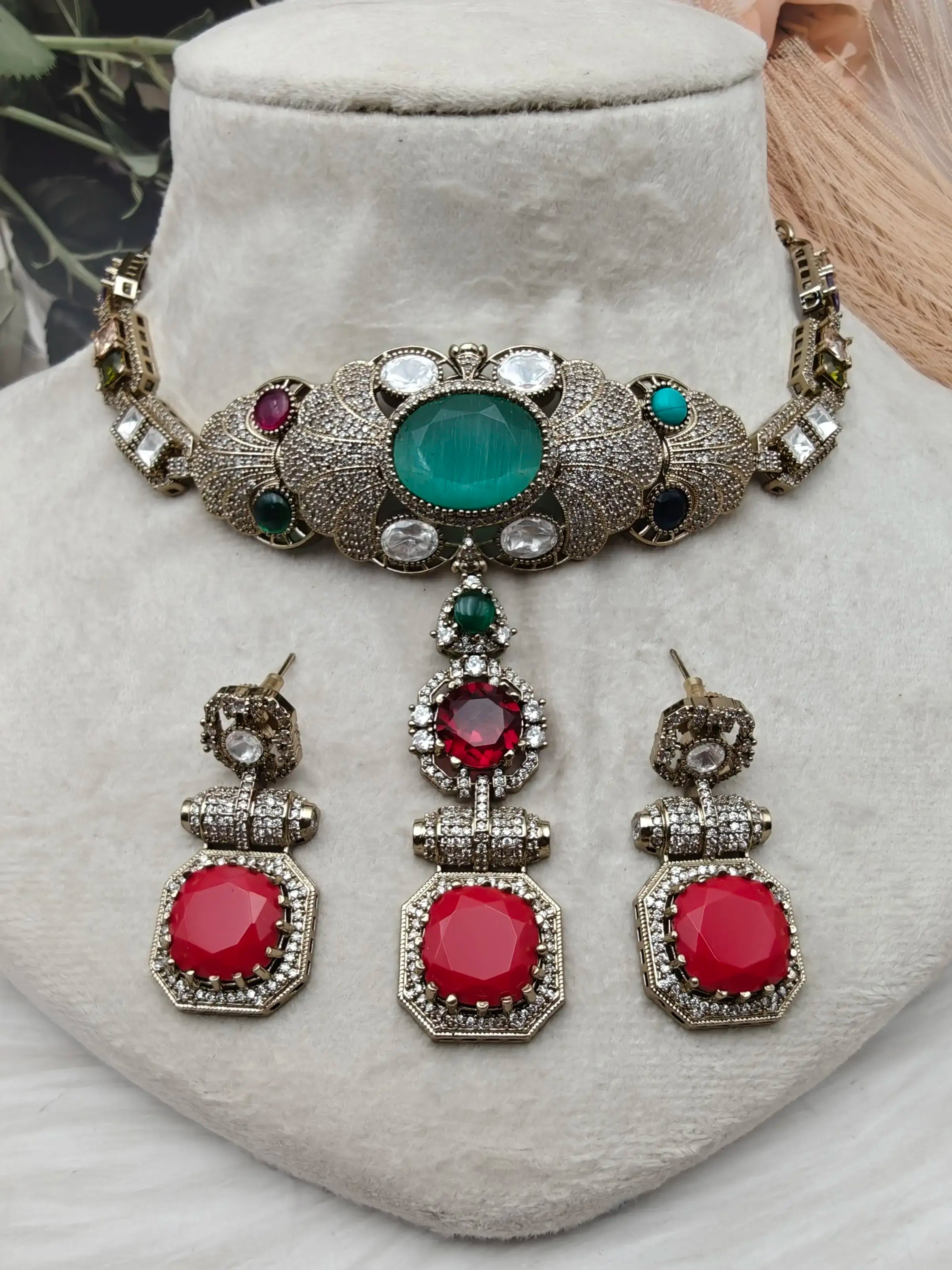 Sabya Inspired Statement Gulnaar Victorian Choker Set- Coral Red Mint Multi