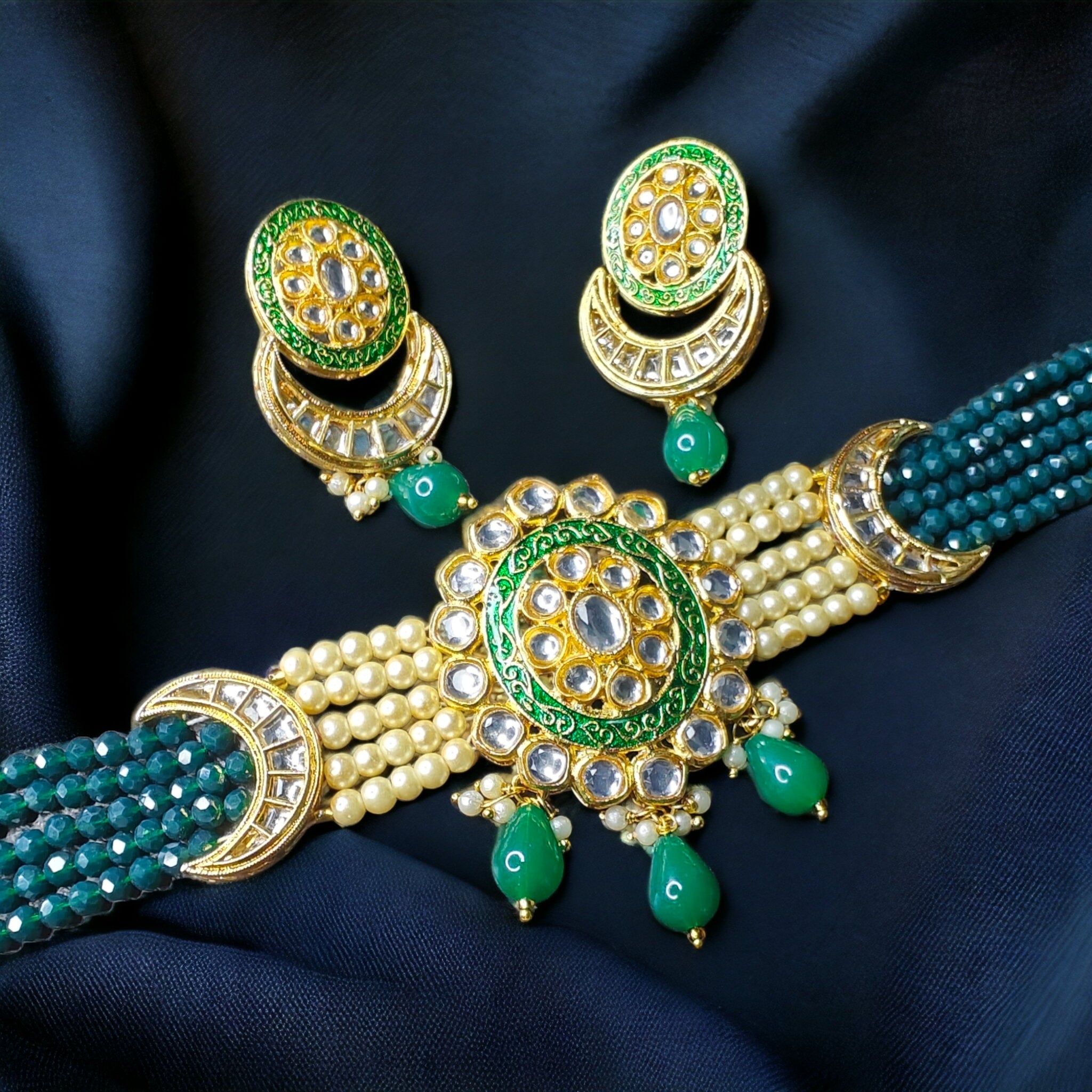 Aashika Choker Necklace Set- Green