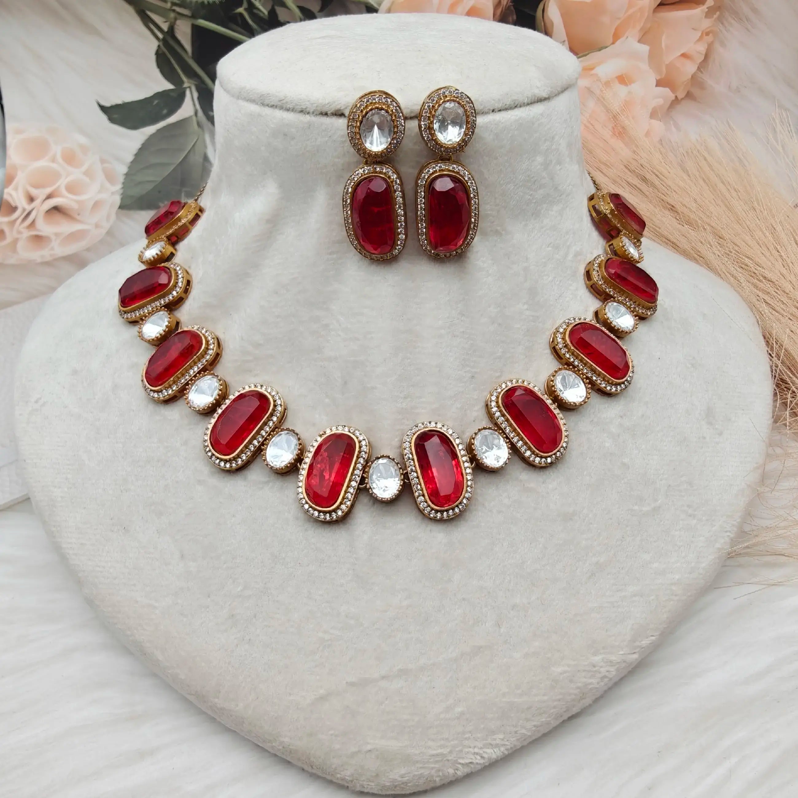 Sakhi Doublet And Uncut Polki Necklace Set - Red