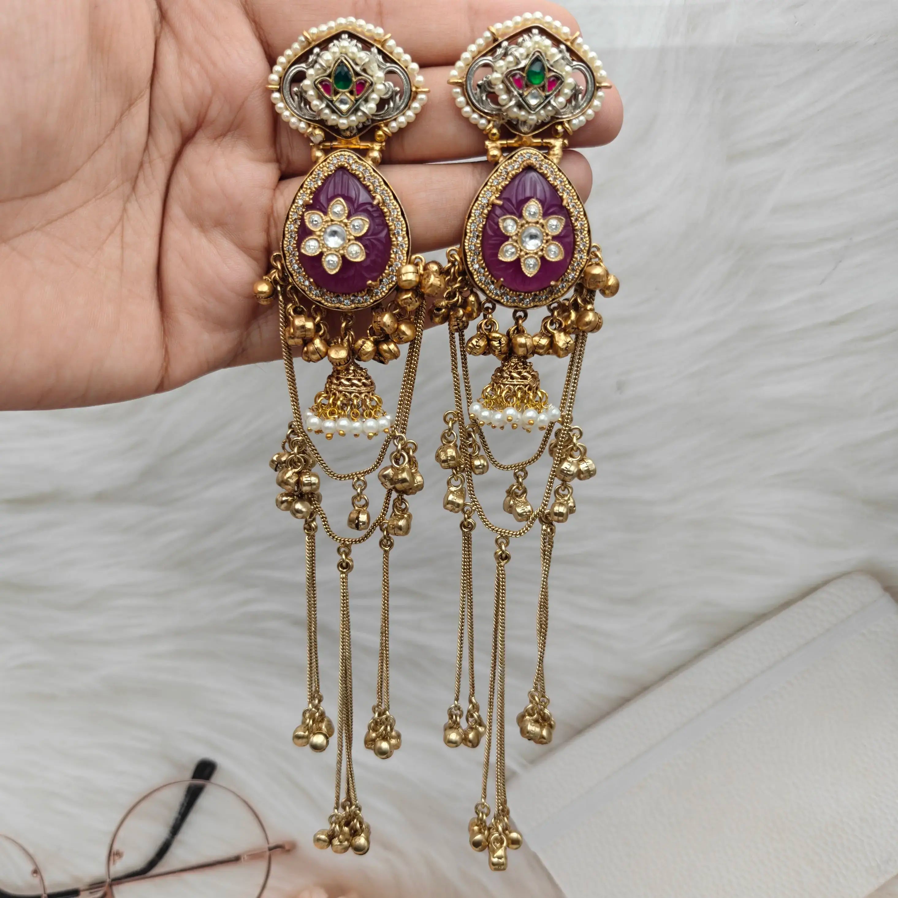 Dia Craving Stone Amrapali Brass Fusion Kashmiri Earrings - Purple