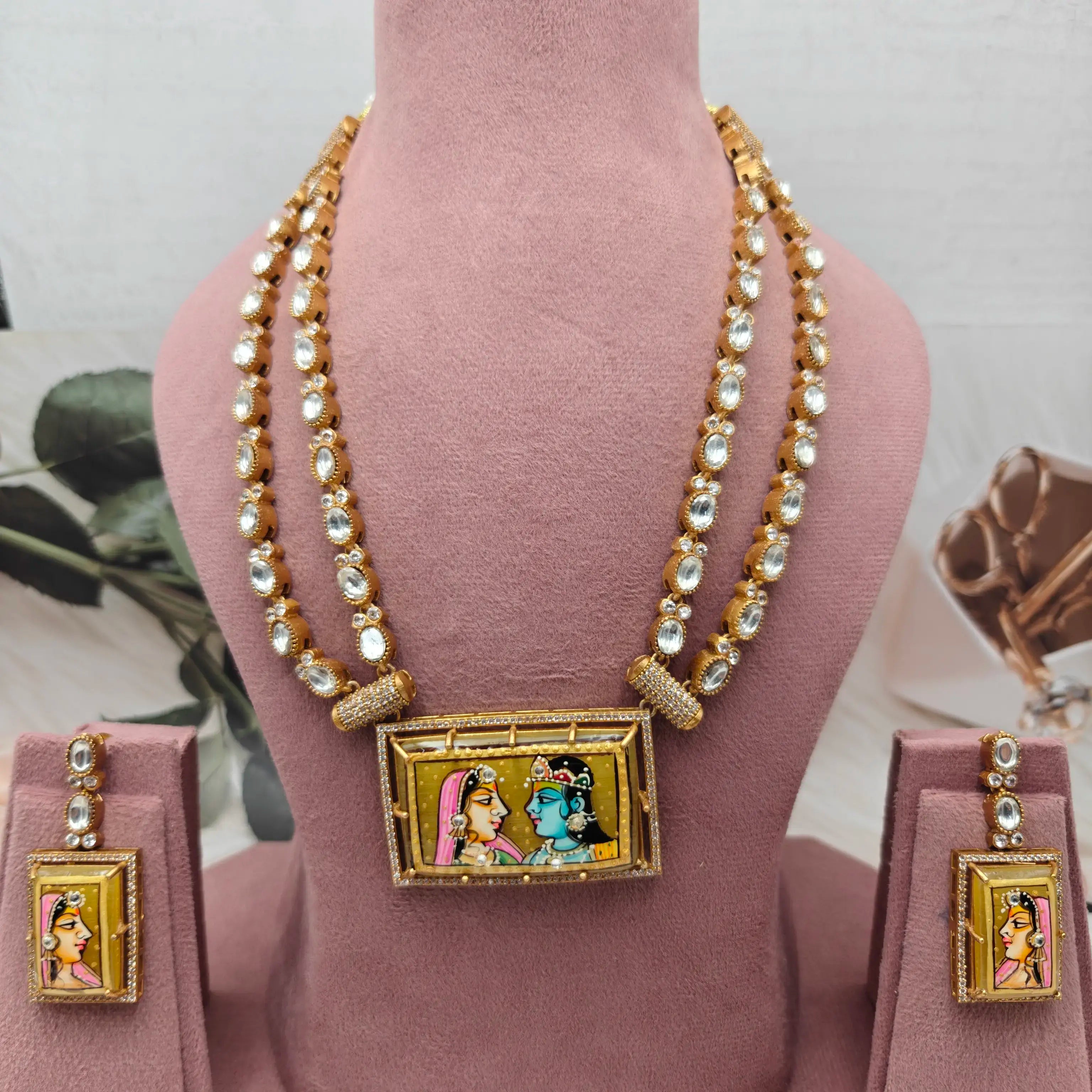 Radha Krishna Tanjore Polki Necklace Set - Yellow