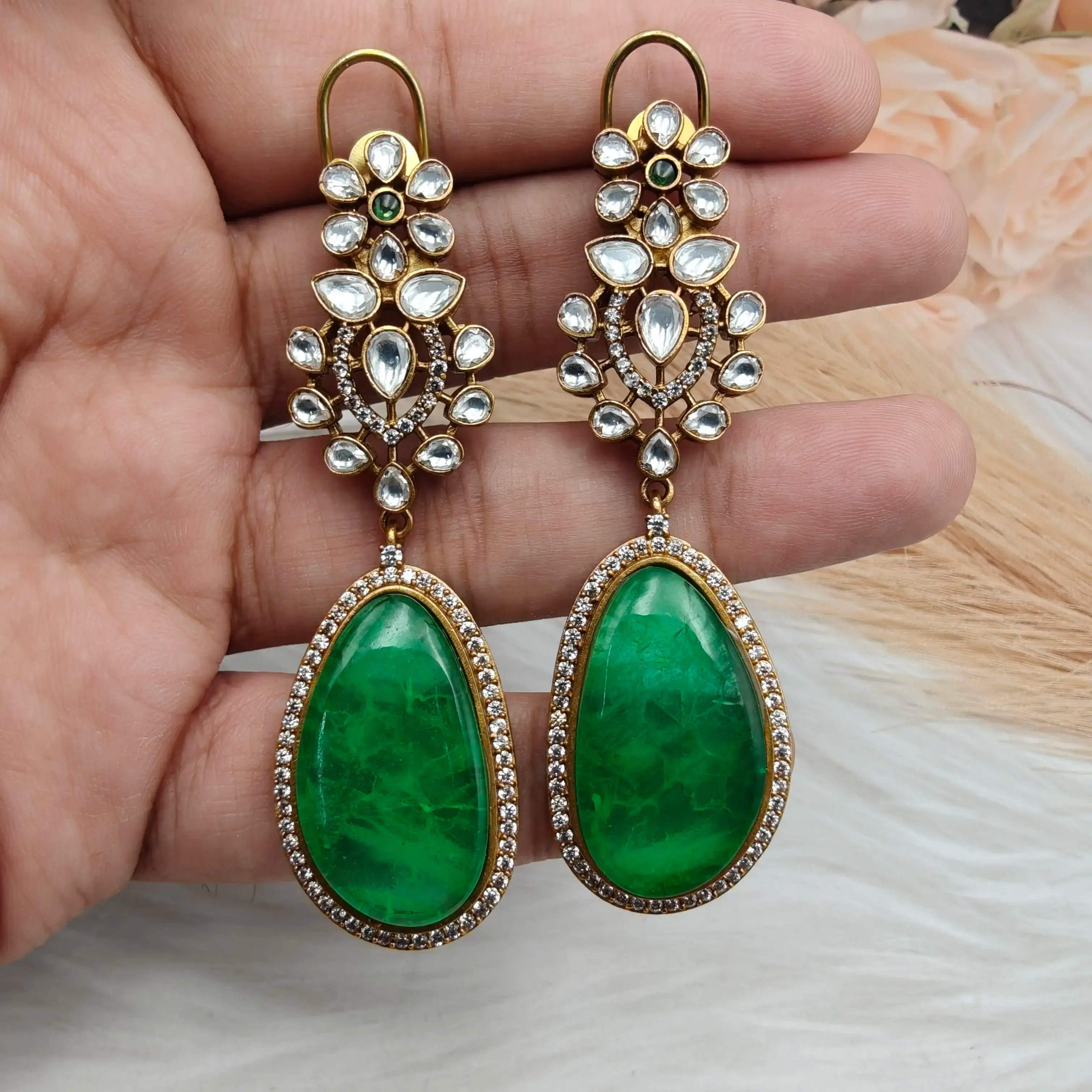 Atreyi Uncut Polki and Doublet Earrings - Light Green