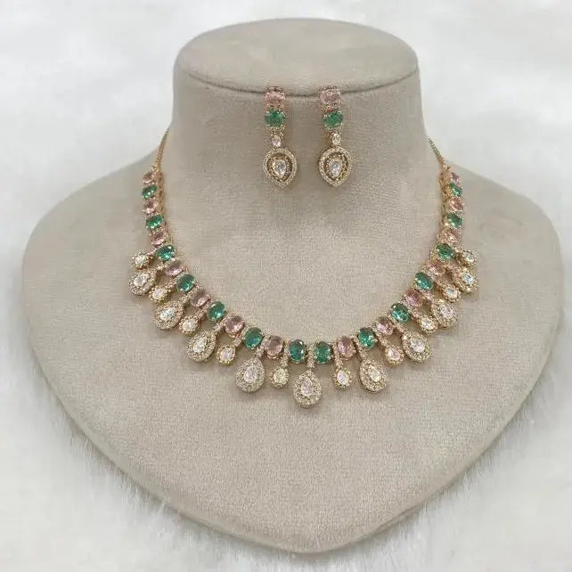 Ira Uncut Polki Necklace Set- Pink And Aqua Green