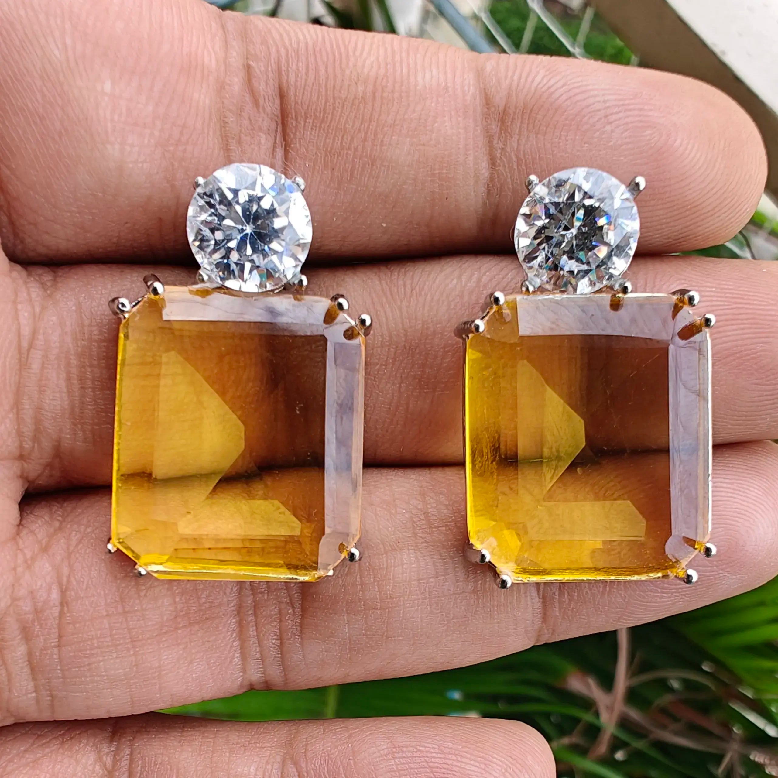 Pihu Trans Stone Earrings - Yellow (Silver Finish)