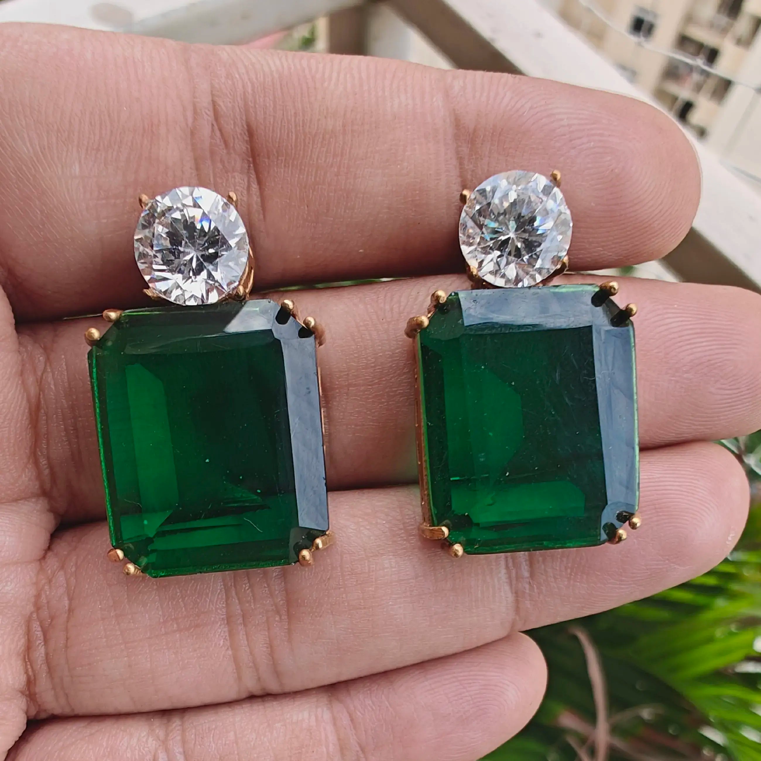 Pihu Trans Stone Earrings - Green (Gold Finish)