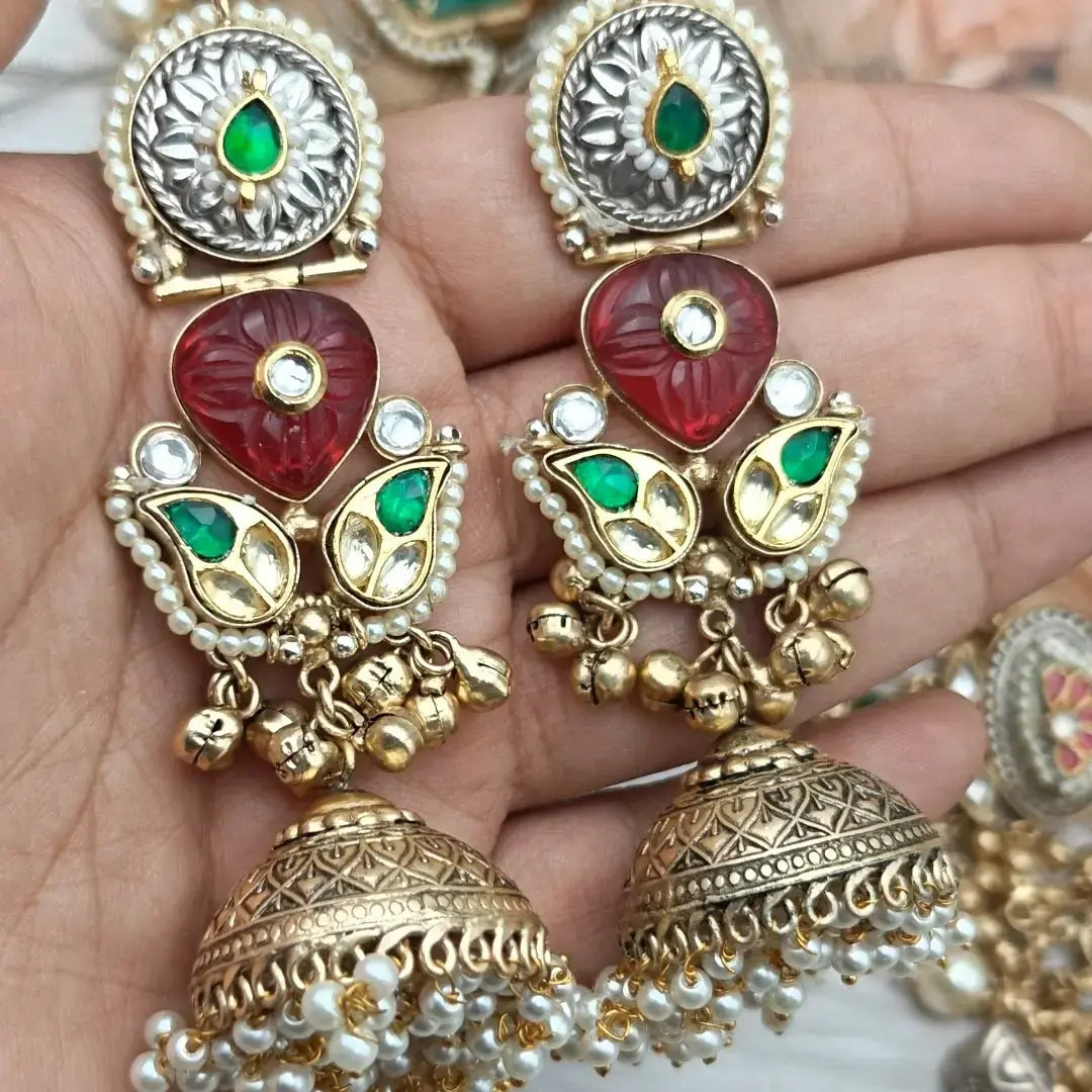 Sajana Amrapali Brass Fusion Jhumki- Maroon