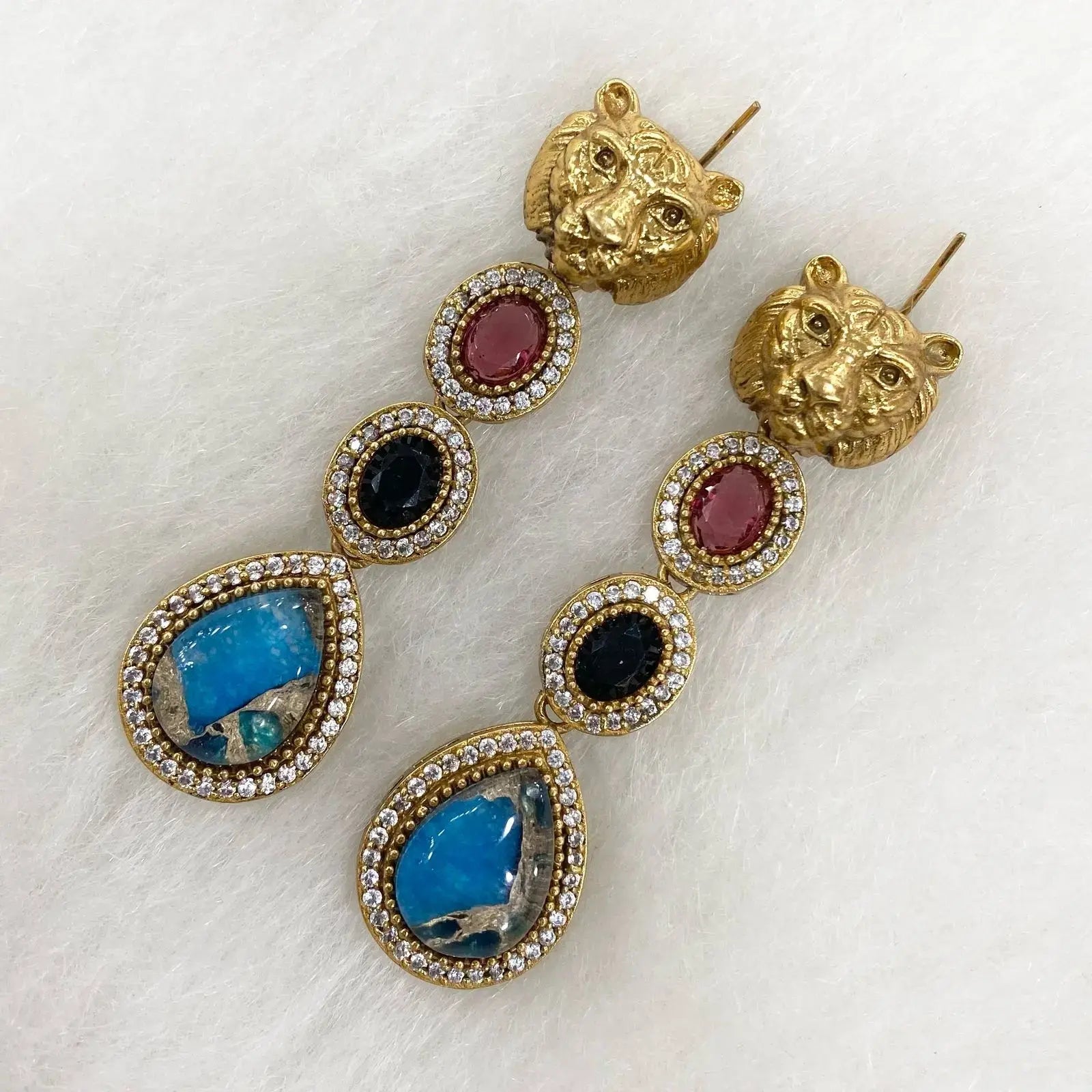 Sabyasachi Inspired Tourmaline Doublet Doha Earrings - Teal Blue
