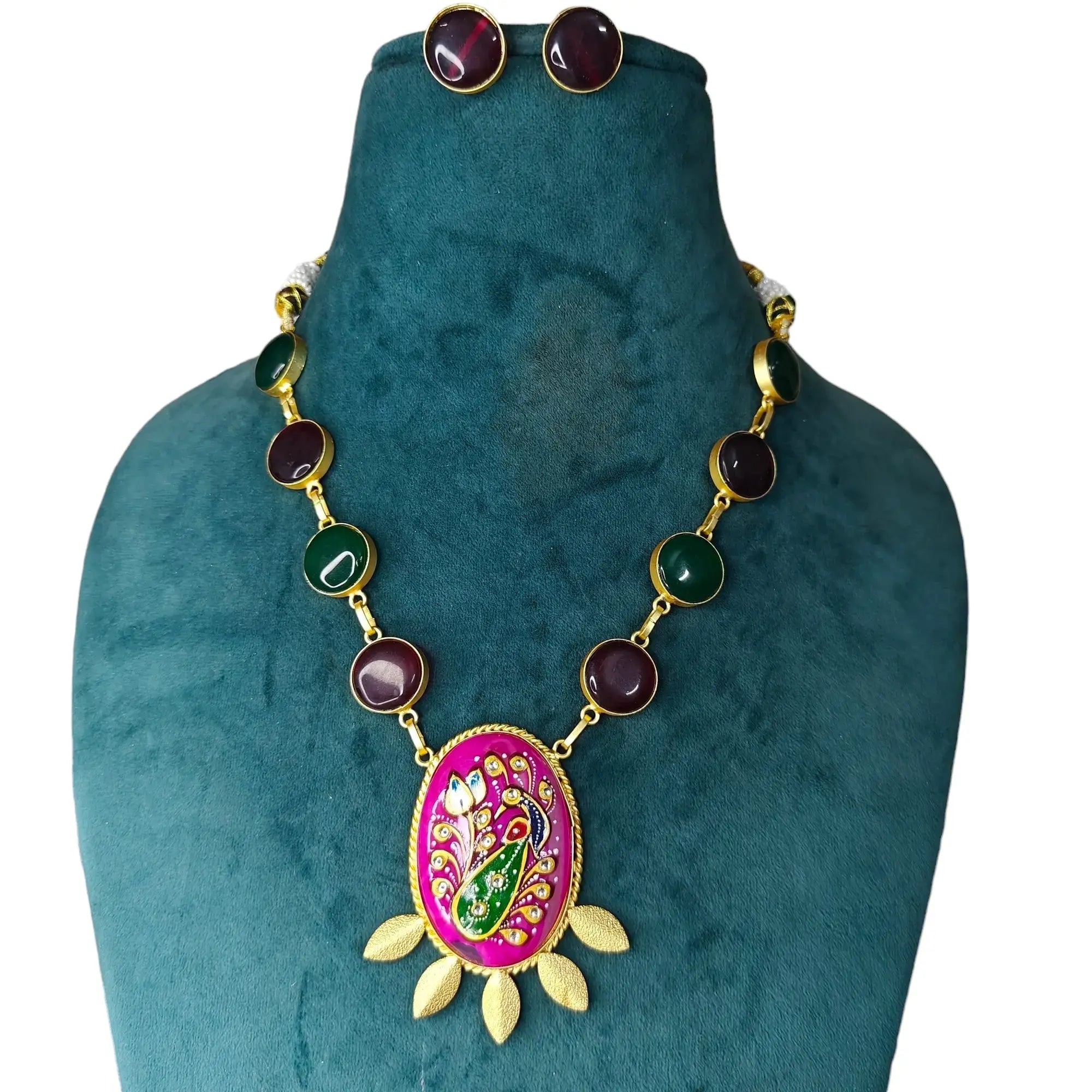 Revati Tanjore Monalisa Necklace Set- Hot Pink Peacock